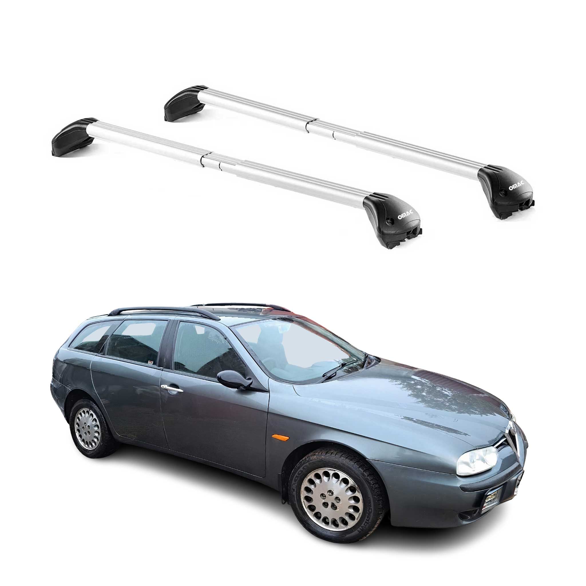 Omac Dachträger Querträger Tüv Geprüft Für Alfa Romeo 156 Crosswagon / Sportwagon 2004-2007 – Abschließbar (4 Schlösser) – Max 100 Kg – Edelstahlband + Gummischutz Silber