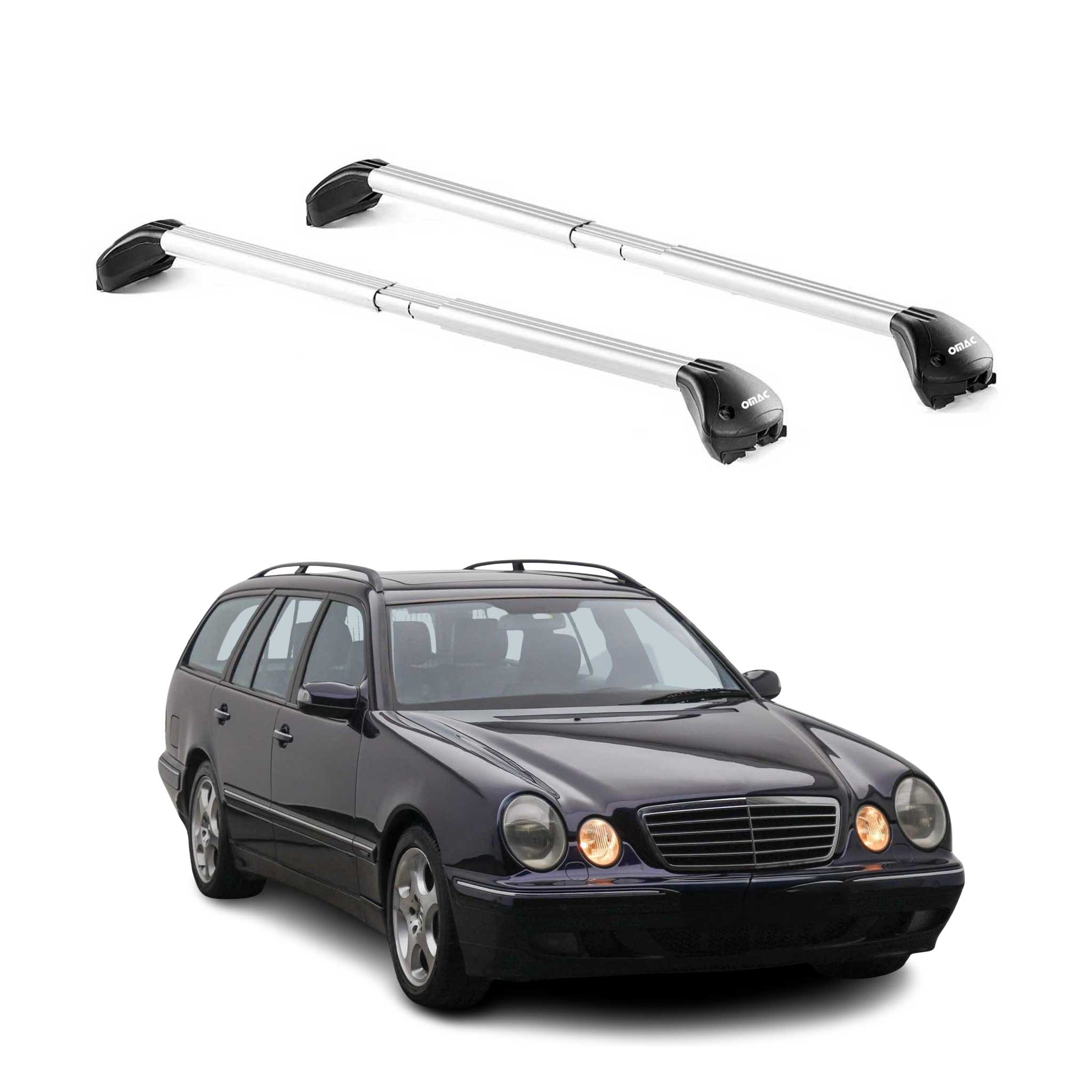 Omac Dachträger Querträger Tüv Geprüft Für Mercedes E Klasse S210 Kombi 1997-2003 – Abschließbar (4 Schlösser) – Max 100 Kg – Edelstahlband + Gummischutz Silber