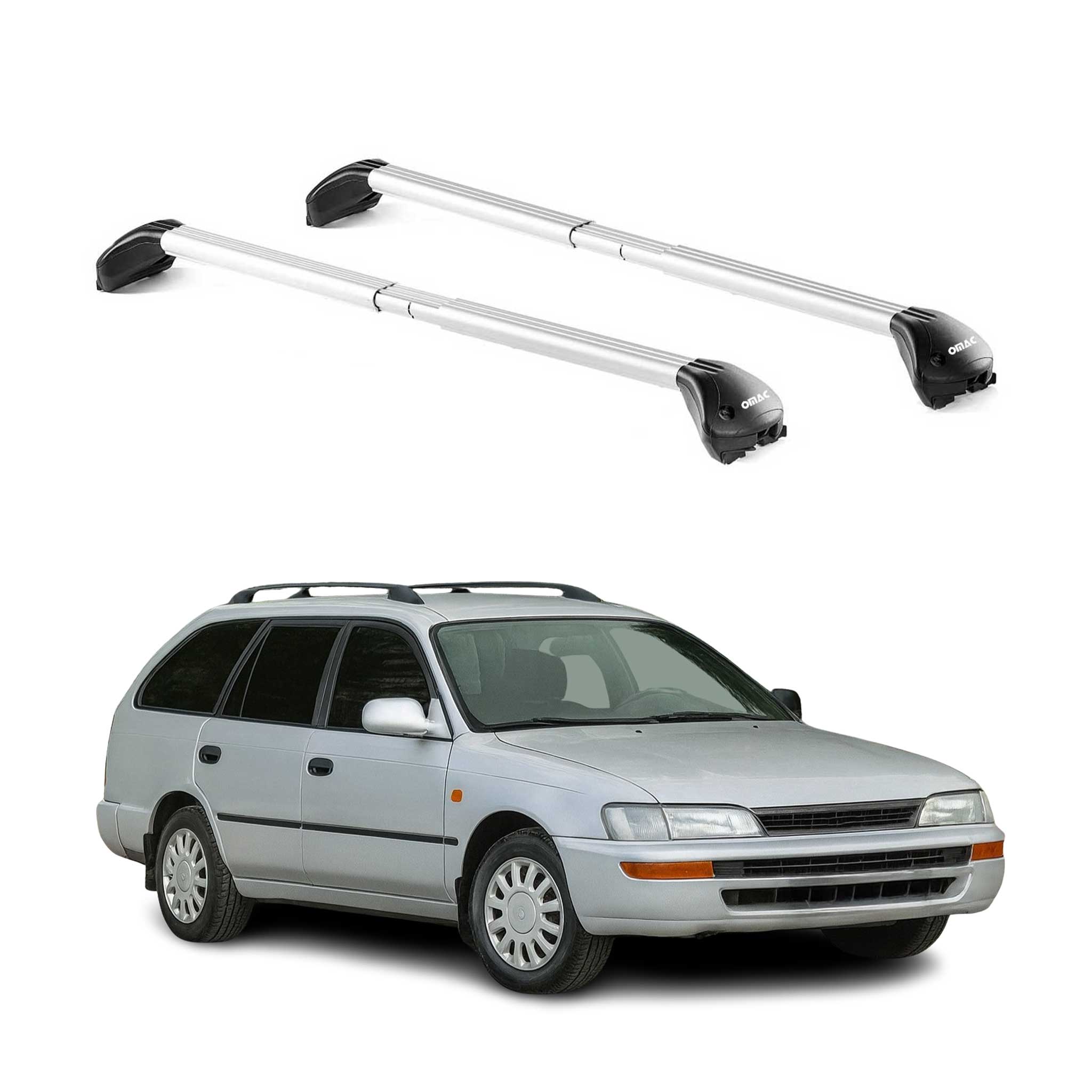 Omac Dachträger Querträger Tüv Geprüft Für Toyota Corolla Mk7 Kombi 1992-1997 – Abschließbar (4 Schlösser) – Max 100 Kg – Edelstahlband + Gummischutz Silber