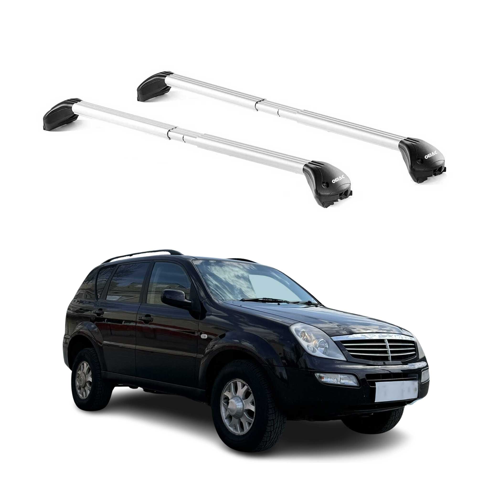 Omac Dachträger Querträger Tüv Geprüft Für Ssangyong Rexton 2001-2006 – Abschließbar (4 Schlösser) – Max 100 Kg – Edelstahlband + Gummischutz Silber