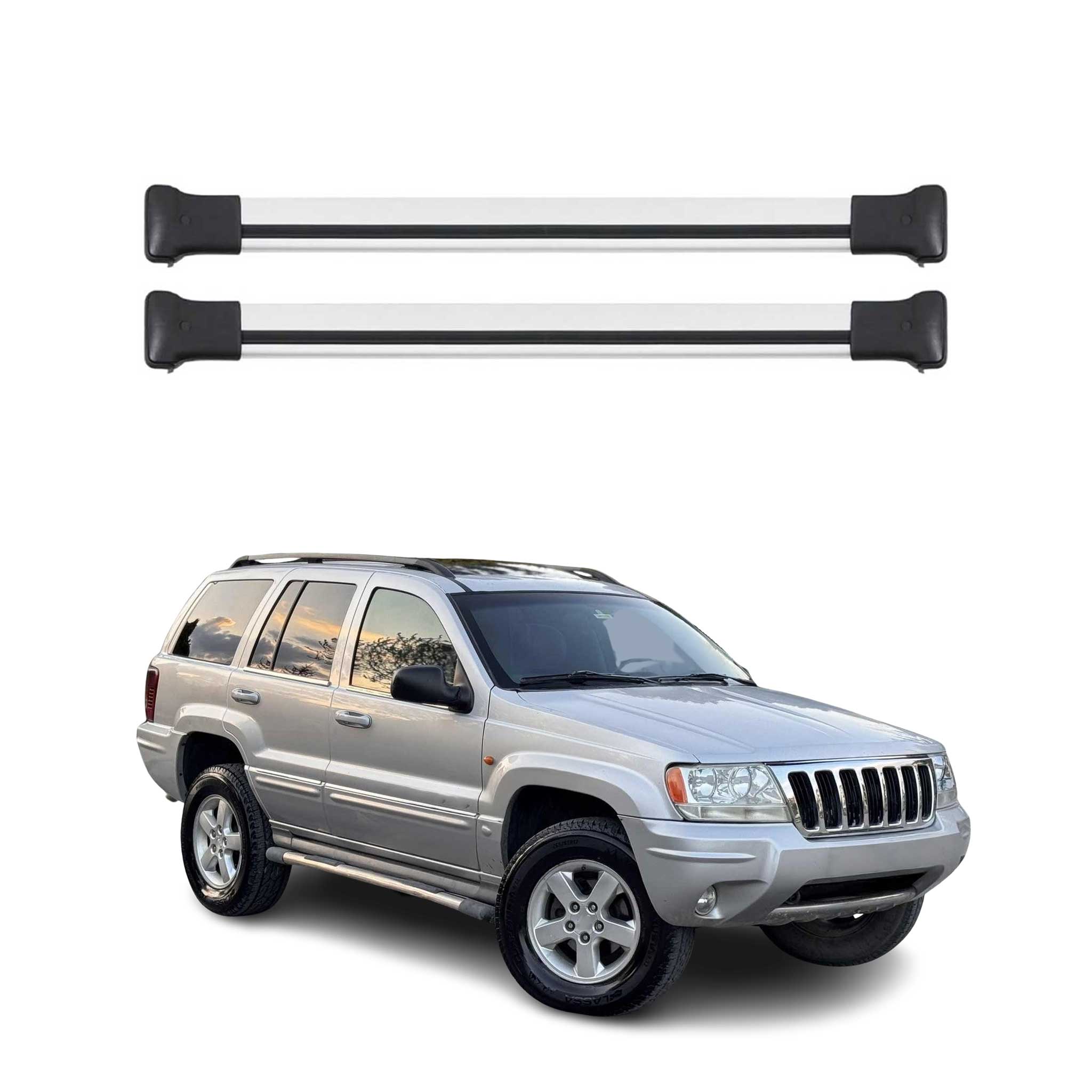 Omac Aluminium Dachträger Querträger Für Jeep Grand Cherokee Wj 2000-2005 – Max. 75 Kg – 2 Stangen Silber