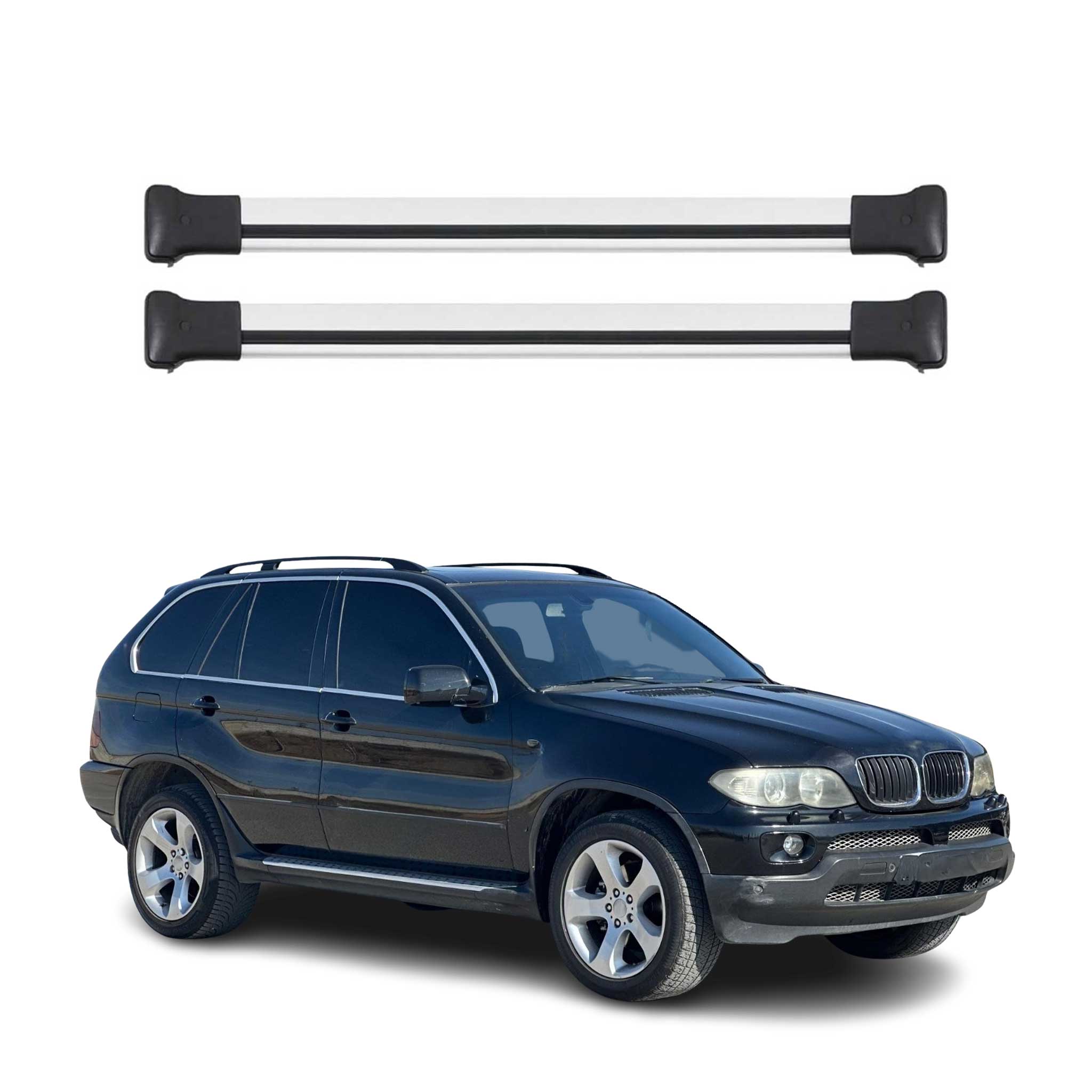 Omac Aluminium Dachträger Querträger Für Bmw X5 E53 1999-2006 – Max. 75 Kg – 2 Stangen Silber