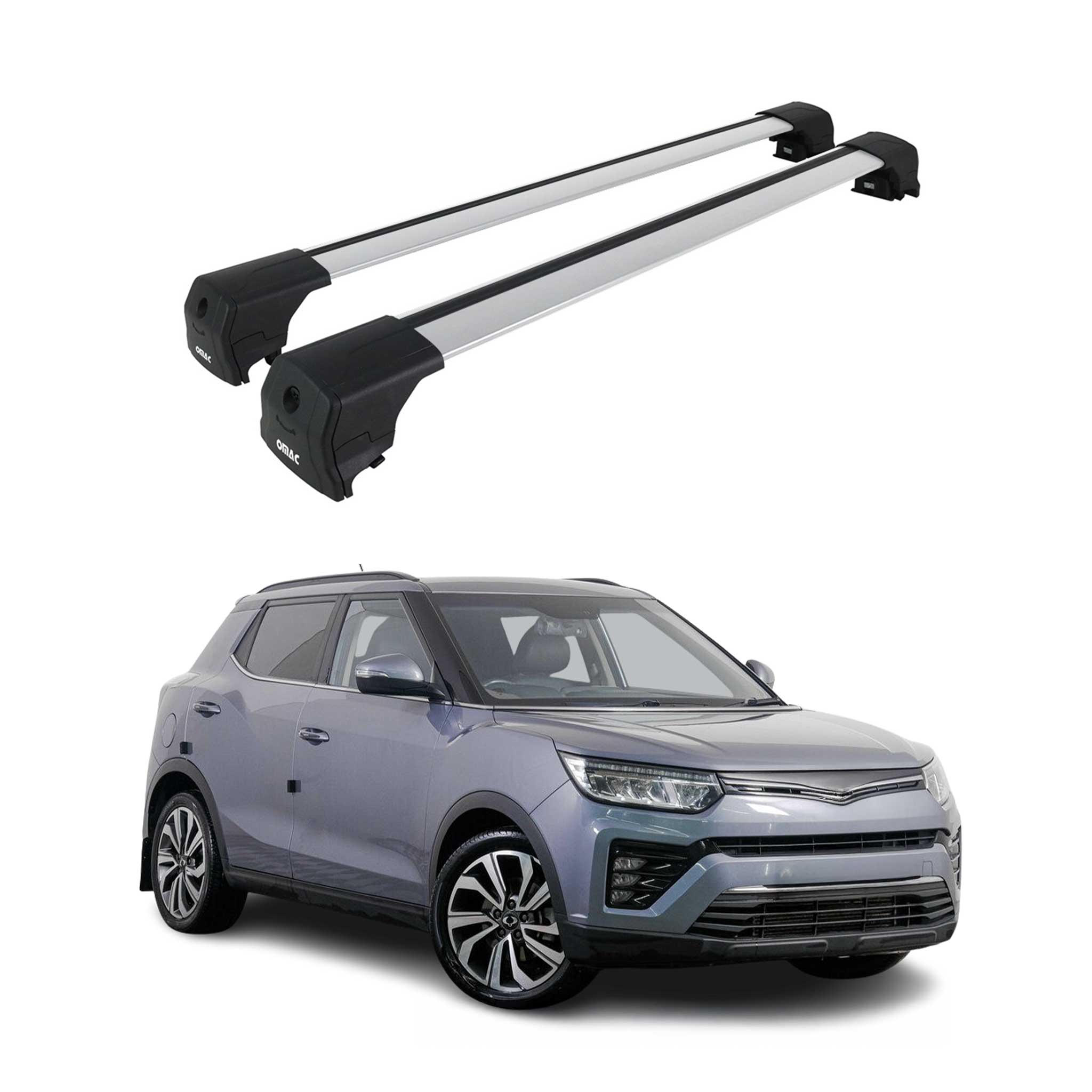 Omac Aluminium Dachträger Querträger Für Ssangyong Tivoli 2015-2023 – City Crash – Iso/pas 11154:2006 – Abschließbar – Max. 75 Kg – 2 Stangen Silber