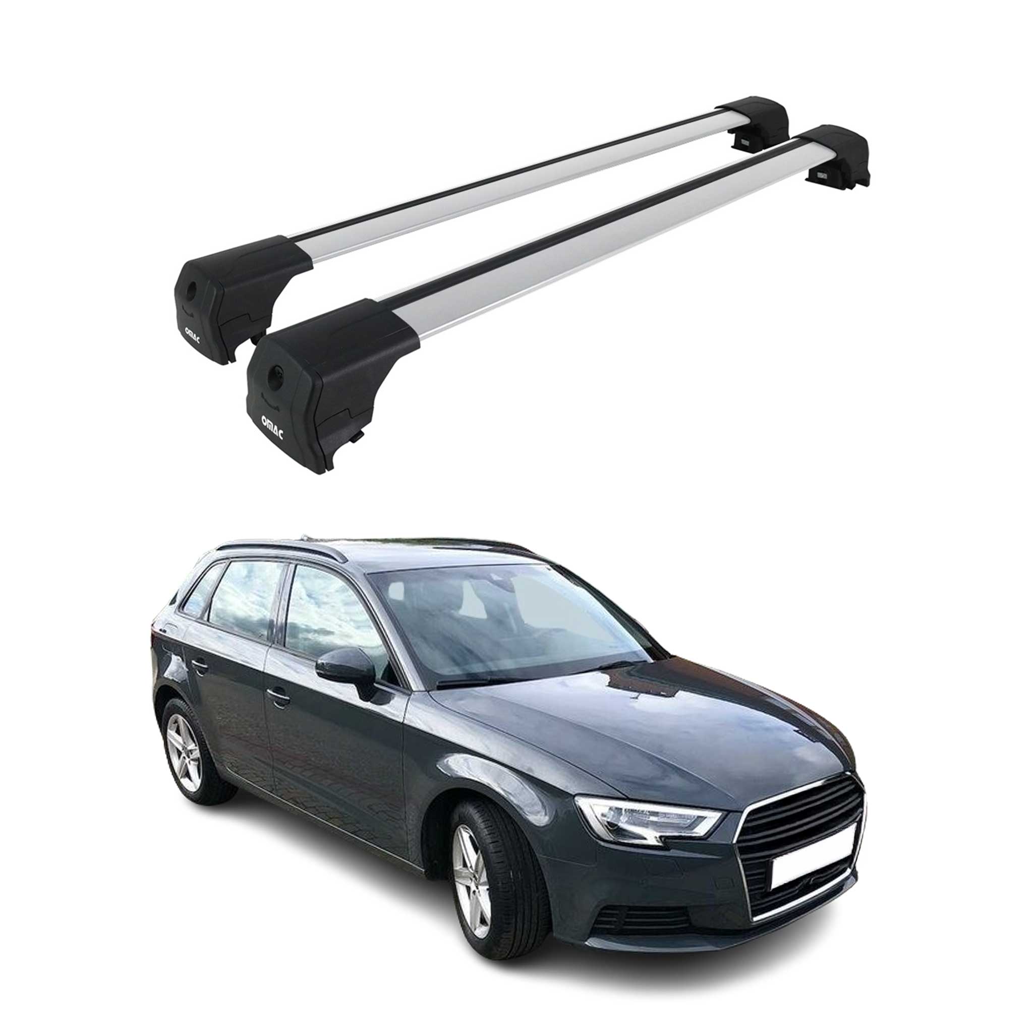 Omac Aluminium Dachträger Querträger Für Audi A3 8v Sportback 2012-2020 – City Crash – Iso/pas 11154:2006 – Abschließbar – Max. 75 Kg – 2 Stangen Silber