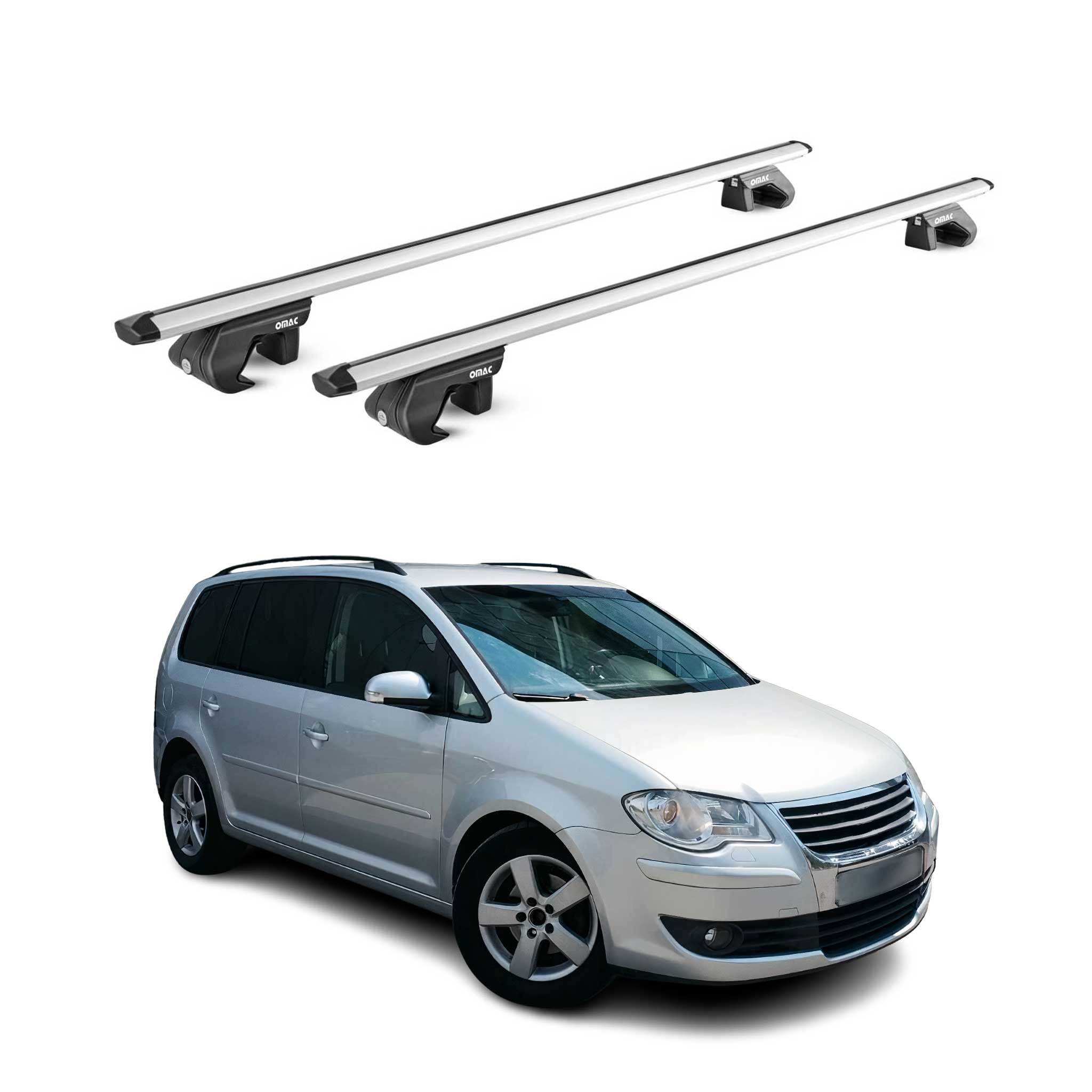 Omac Dachträger Aluminium Tüv Geprüft Für Vw Touran Mk1 Mk2 2003-2026 – Für Standard Dachreling – T Nut – Max 90 Kg – 2 Schlösser Silber