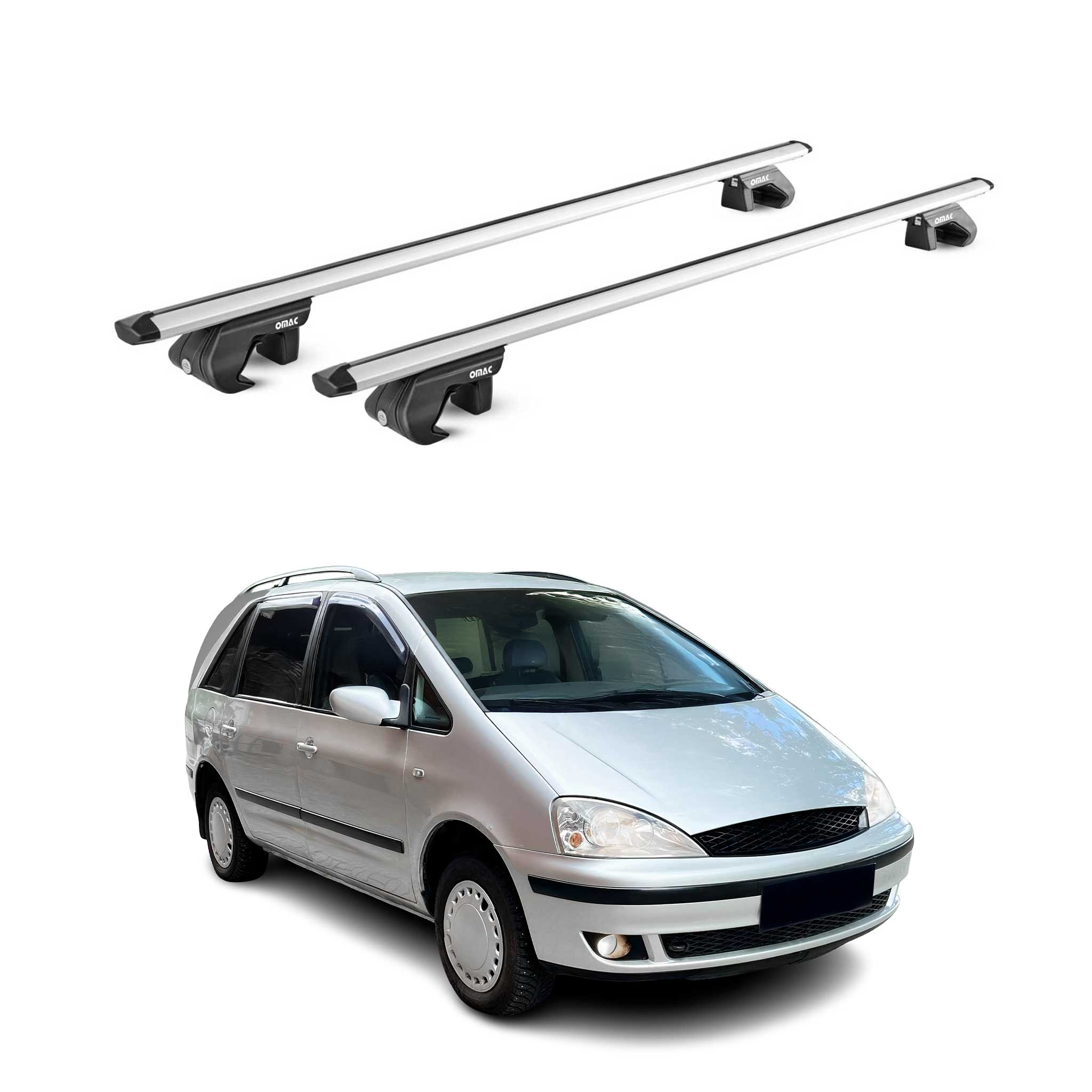 Omac Dachträger Aluminium Tüv Geprüft Für Ford Galaxy I 1995-2006 – Für Standard Dachreling – T Nut – Max 90 Kg – 2 Schlösser Silber