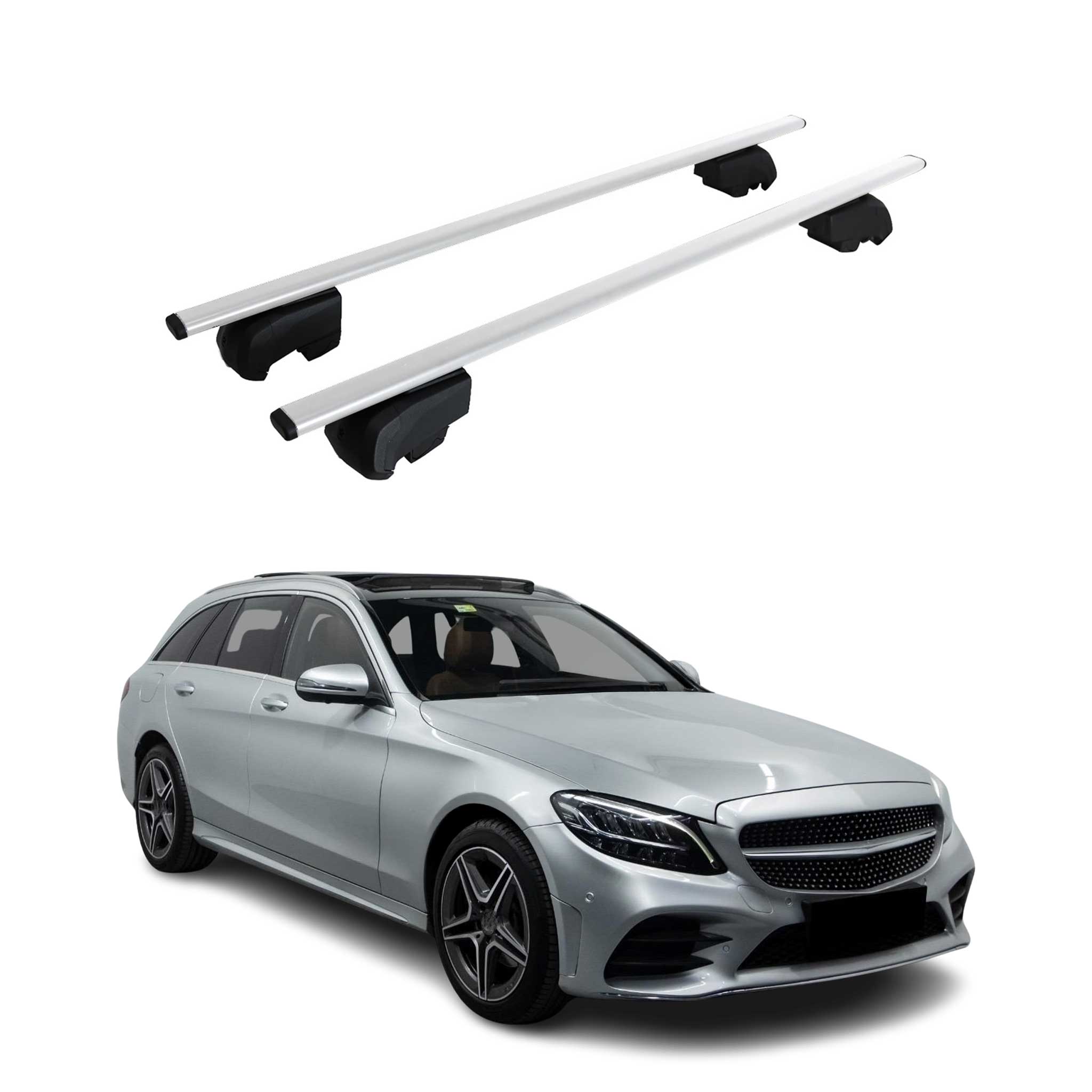 Omac Dachtrager Quertrager Für Mercedes C Klasse S205 2014-2021 – City Crash Getestet – Iso Pas 11154:2006 – Abschliessbar – Max 75 Kg – 2 Stangen Stahl Silber