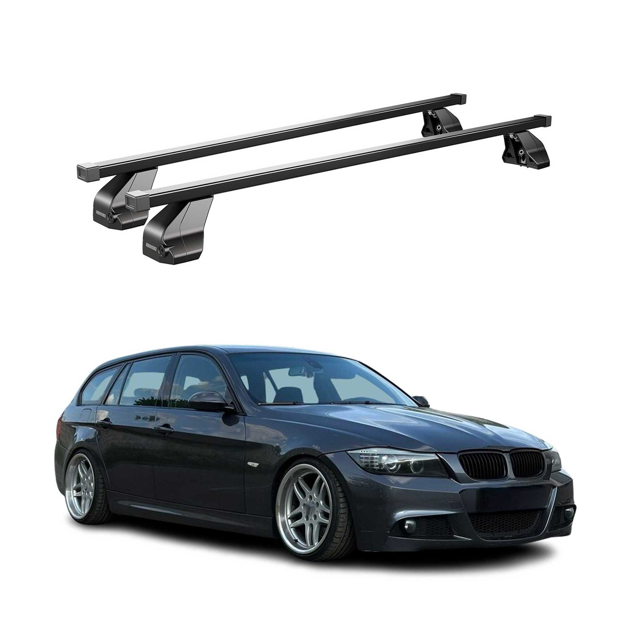 Omac Dachträger Querträger Stahl Für Bmw 3er E90 E91 E92 Limo Touring Coupe 2004-2013 – Abschließbar – City-crash-getestet – Din 75302:2019 – Iso/pas 11154:2006 – Max. 75 Kg Schwarz