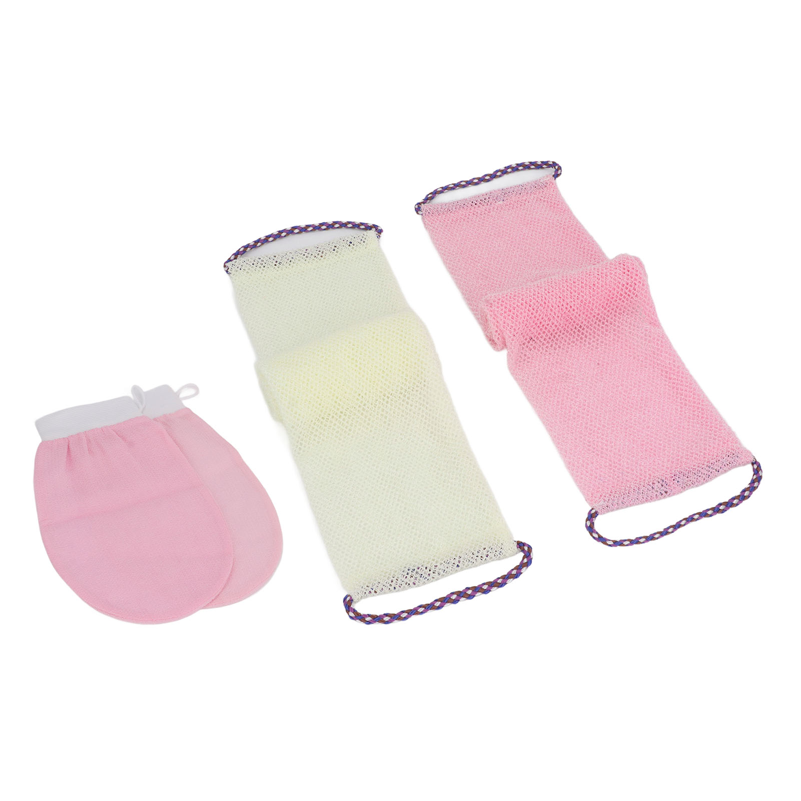 Set Mit 4 Peelinghandschuhen Aus Nylon Mit Kordelzug, Afrikanischer Herkunft, Zum Aufschäumen Und Reinigen Der Haut, Ideal Für Den Rücken, Für Frauen, Rosa Und Cremefarben
