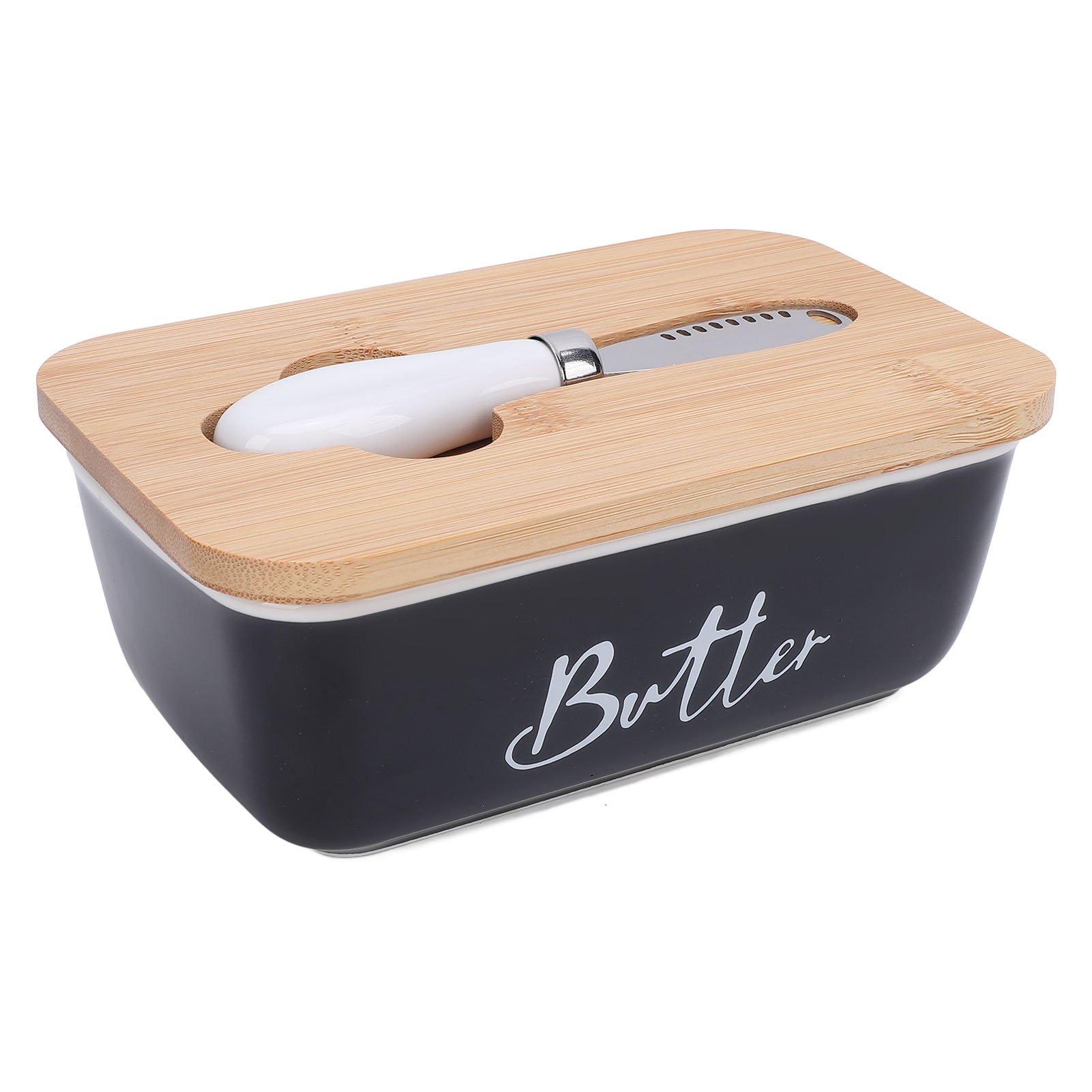 Rechteckige Butterdose Aus Keramik Mit Multifunktionsmesser, Butterdose Im Westlichen Stil, Käse- Und Butterdose Mit Farbigem Rand, Schwarz