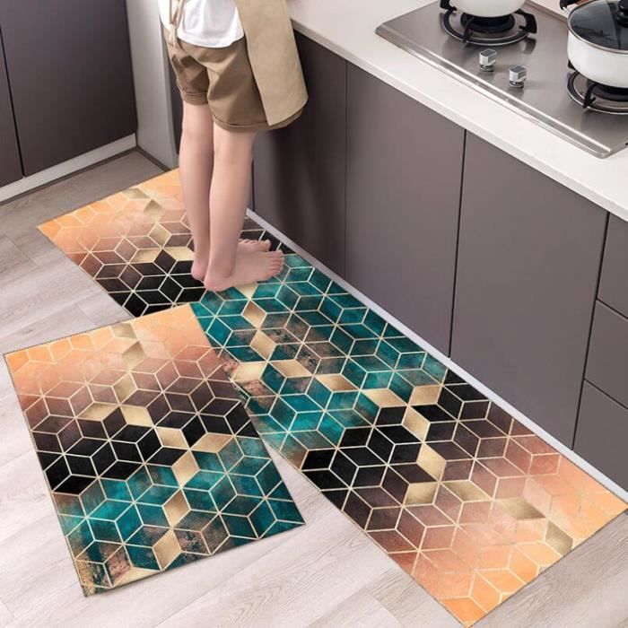Set Mit 2 Rutschfesten Küchenläufern – 40x60 Cm Und 40x120 Cm – Geometrische Muster In Orange, Grün Und Gold Für Das Wohnzimmer