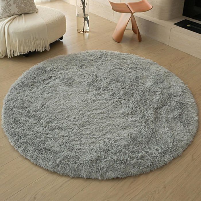 Runder Wohnzimmerteppich, Extra Weich Und Flauschig, Rutschfest, Modern, Waschbar, Mit Langem Flor, Durchmesser 100 Cm, Farbe Silber