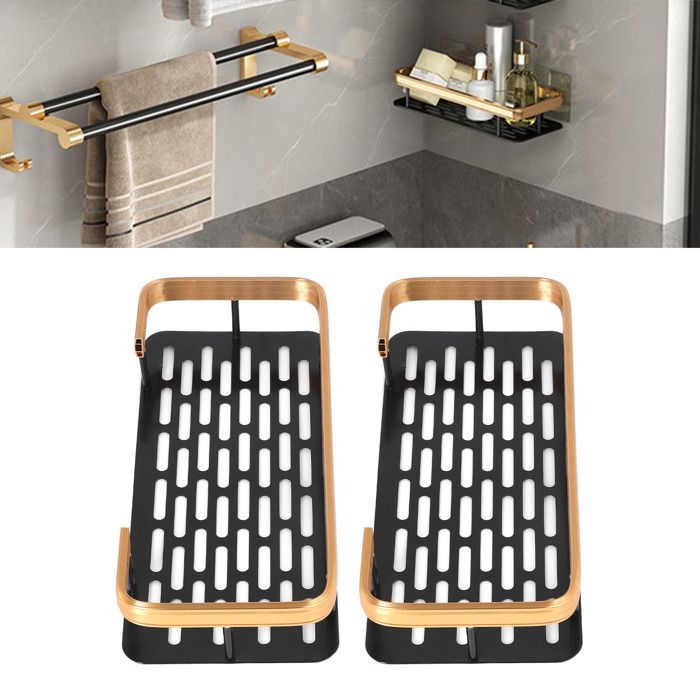 Rechteckiger, Zweistöckiger Duschcaddy, Platzsparend, Mit Aluminium-dekor Und Schwarz-goldener, Gezahnter Oberfläche.
