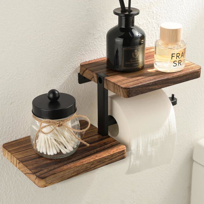 Massiver Wand-wc-papierhalter Aus Holz Mit Ablage, Badezimmerregal Und Handtuchhalter.