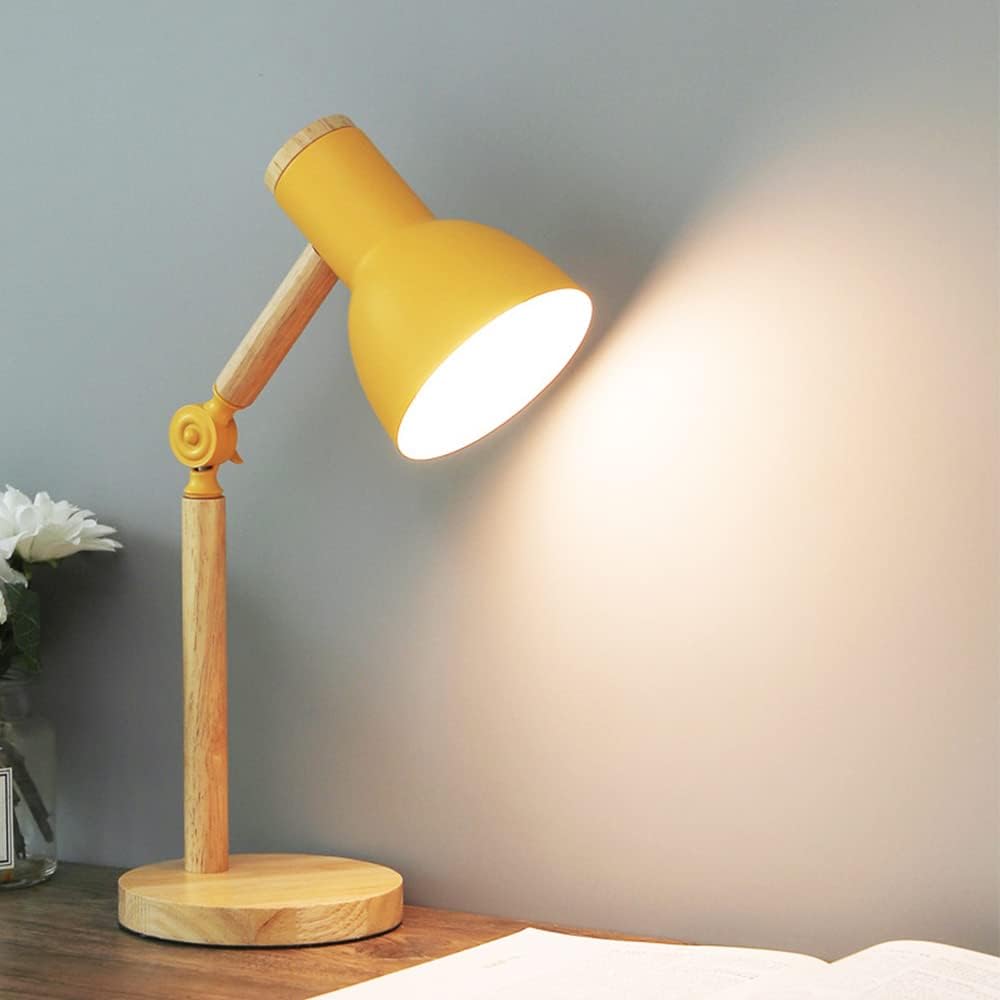 E27 Tischleuchte Mit Holzarm - Verstellbare Schreibtischlampe Mit Druckschalter - Klassische Leselampe, Nachttischlampe Für Büro, Schlafzimmer, Wohnzimmer, Kinderzimmer - Gelb [energieklasse A++]