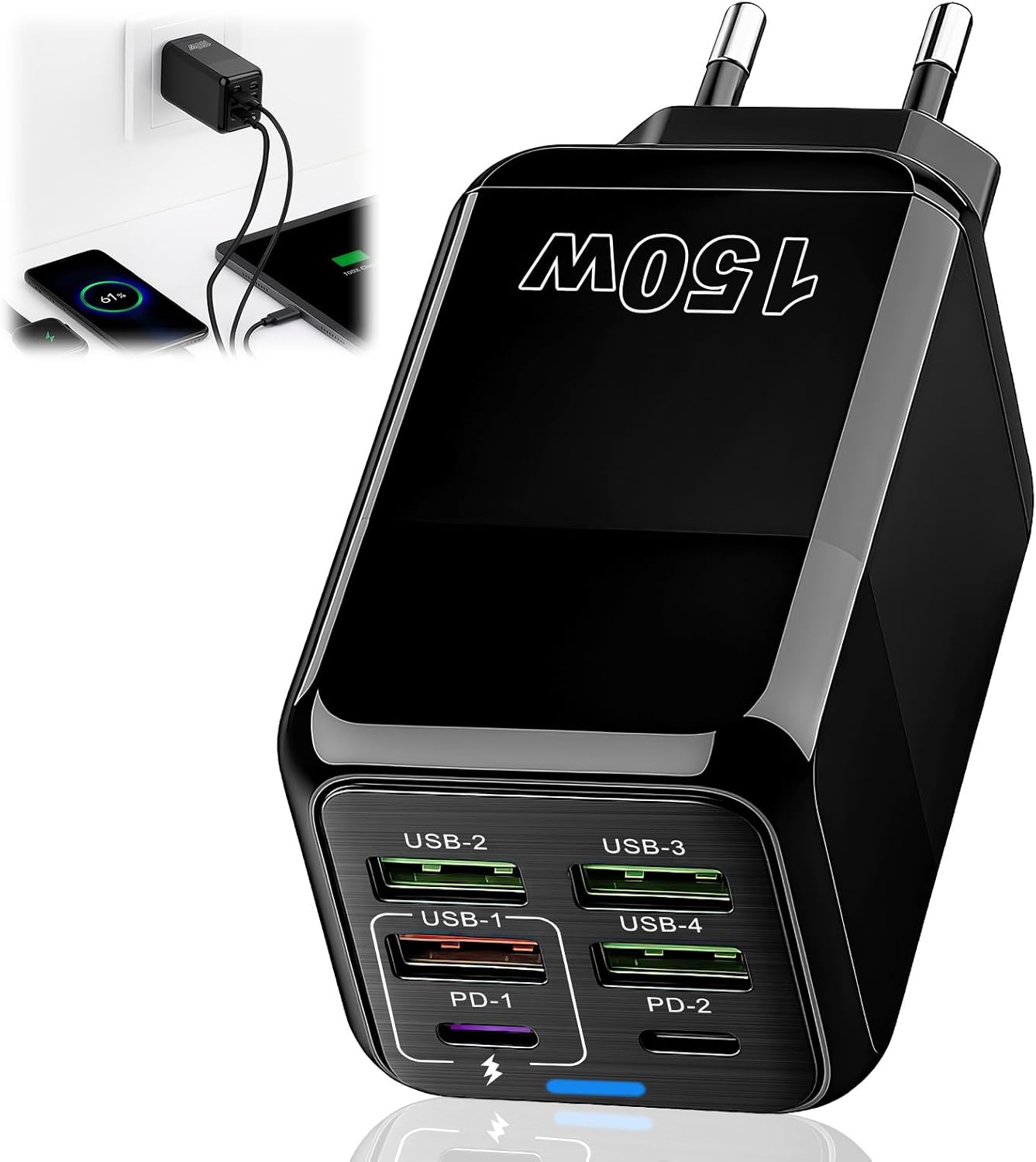 150-w-schnellladegerät Mit 6 Usb-anschlüssen (2 Usb-c + 4 Usb-a) Und Usb-c-steckeradapter Für Iphone 17, 16, 15, 14, 13, Pro Max, Kompatibel Mit Ipad, Huawei, Xiaomi, Macbook, Samsung S25, S24