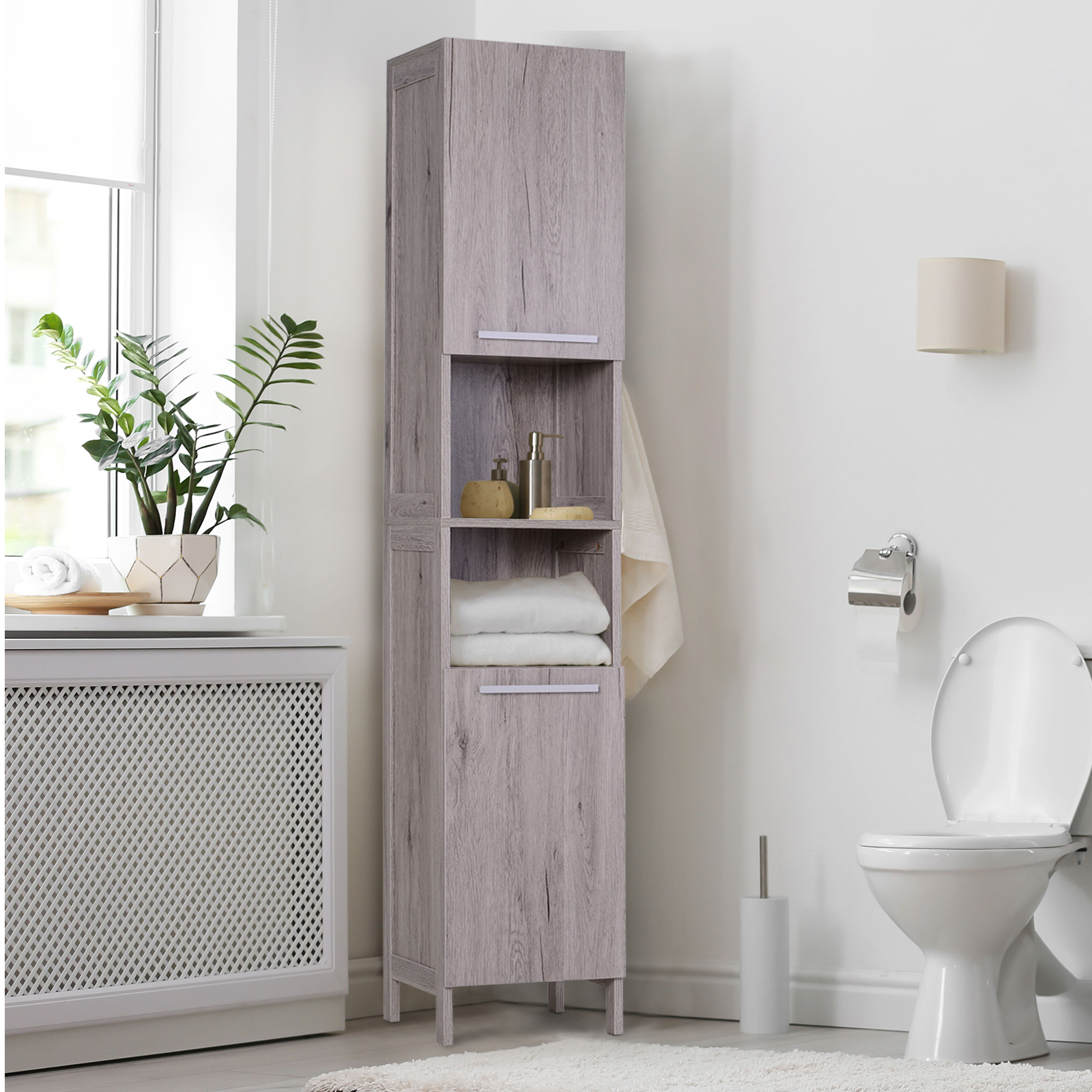 Badezimmerschrank Mit 2 Schränken Und 2 Offenen Regalen, Aus Mdf Mit Glatter Oberfläche, 30 X 32 X 172,5 Cm, Holzfarbe