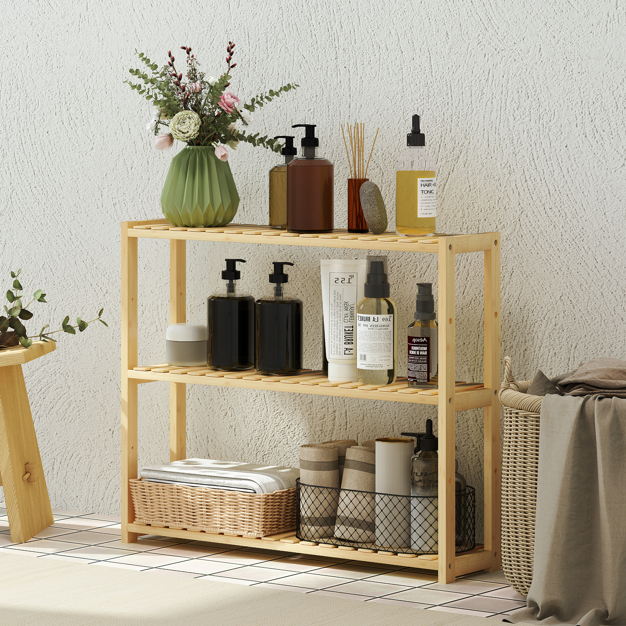 Dreistufiges Badezimmerregal Mit 5 Verstellbaren Ebenen, Wand- Oder Standmontage, Bambus-aufbewahrung Für Küche, Wohnzimmer Und Badezimmer, 60 X 15 X 50 Cm, Holzfarbe
