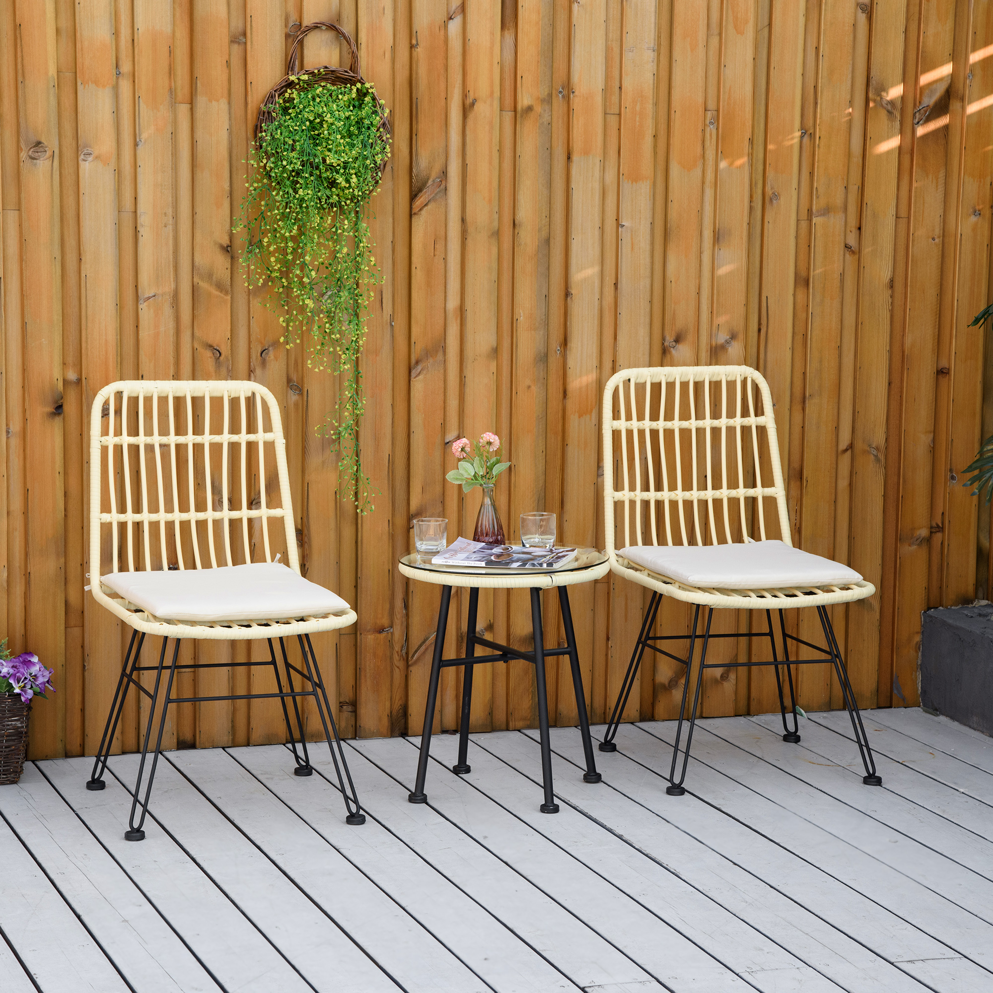 Outsunny 3-teiliges Gartenbistro-set: 2 Stühle + Runder Couchtisch Mit Tischplatte Aus Gehärtetem Glas, 2 Abnehmbare Kissen Mit Reißverschluss, Polyestergewebe, Pe, Verzinktes Metall, Ø 45 X 50 Cm, Cr
