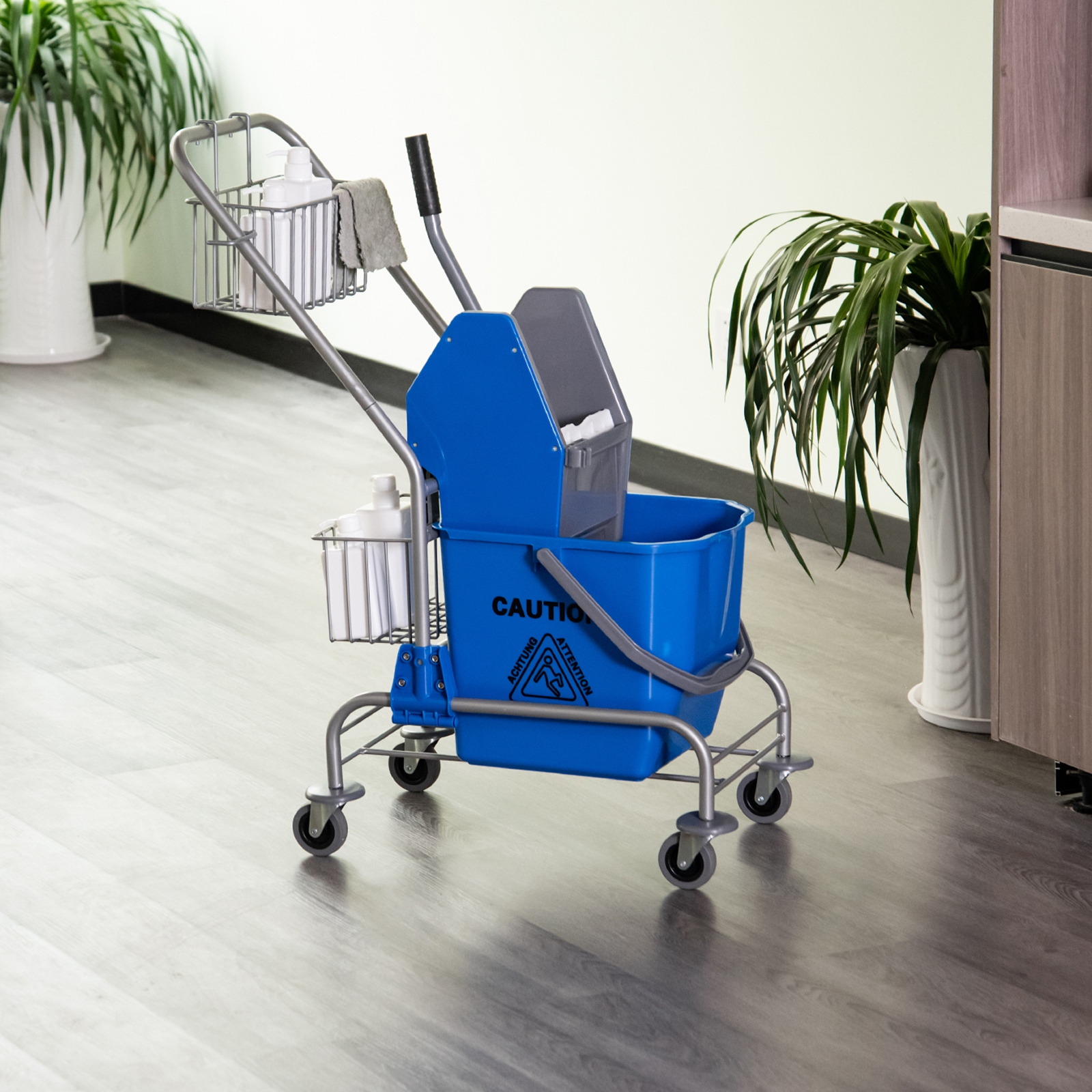 Homcom 26-liter-wischmoppeimer, Gewerbe-wischmoppeimer Mit Auswringvorrichtung, Rädern Und Aufbewahrungskörben, 73 X 45 X 95 Cm, Blau