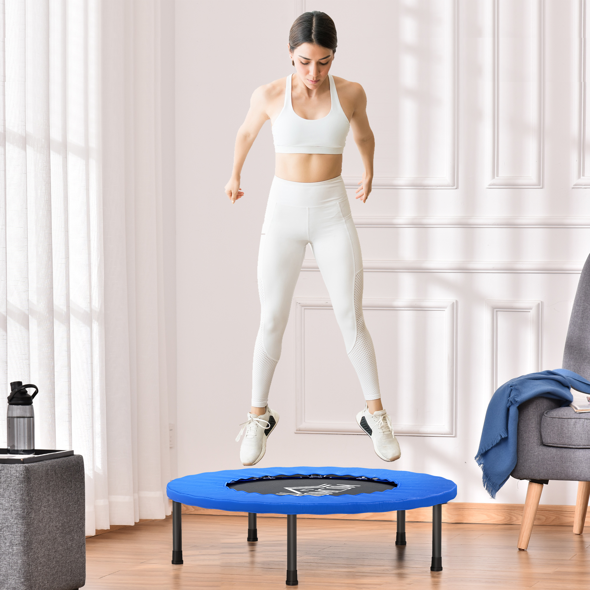 Homcom Fitness-trampolin, Ø 81 Cm, Stahltrampolin Mit Schutzrand Und 28 Federn Für Drinnen Und Draußen, 100 Kg Belastbarkeit, 81 X 81 X 22,5 Cm, Schwarz Und Blau