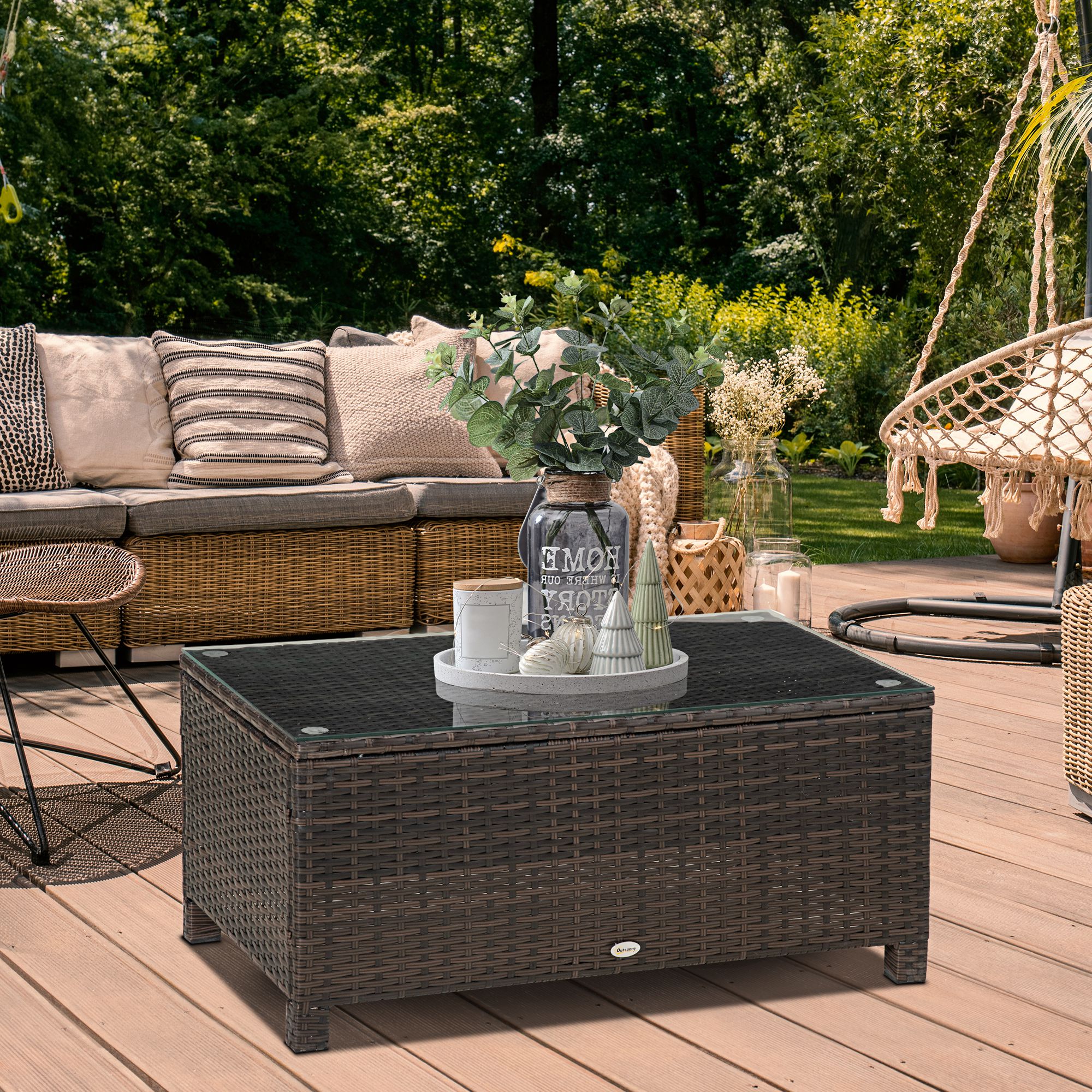 Outsunny Garten-couchtisch Mit 5 Mm Starker Tischplatte Aus Gehärtetem Glas Und Rattan-geflecht, 85 X 50 X 39 Cm, Max. 50 Kg, Braun