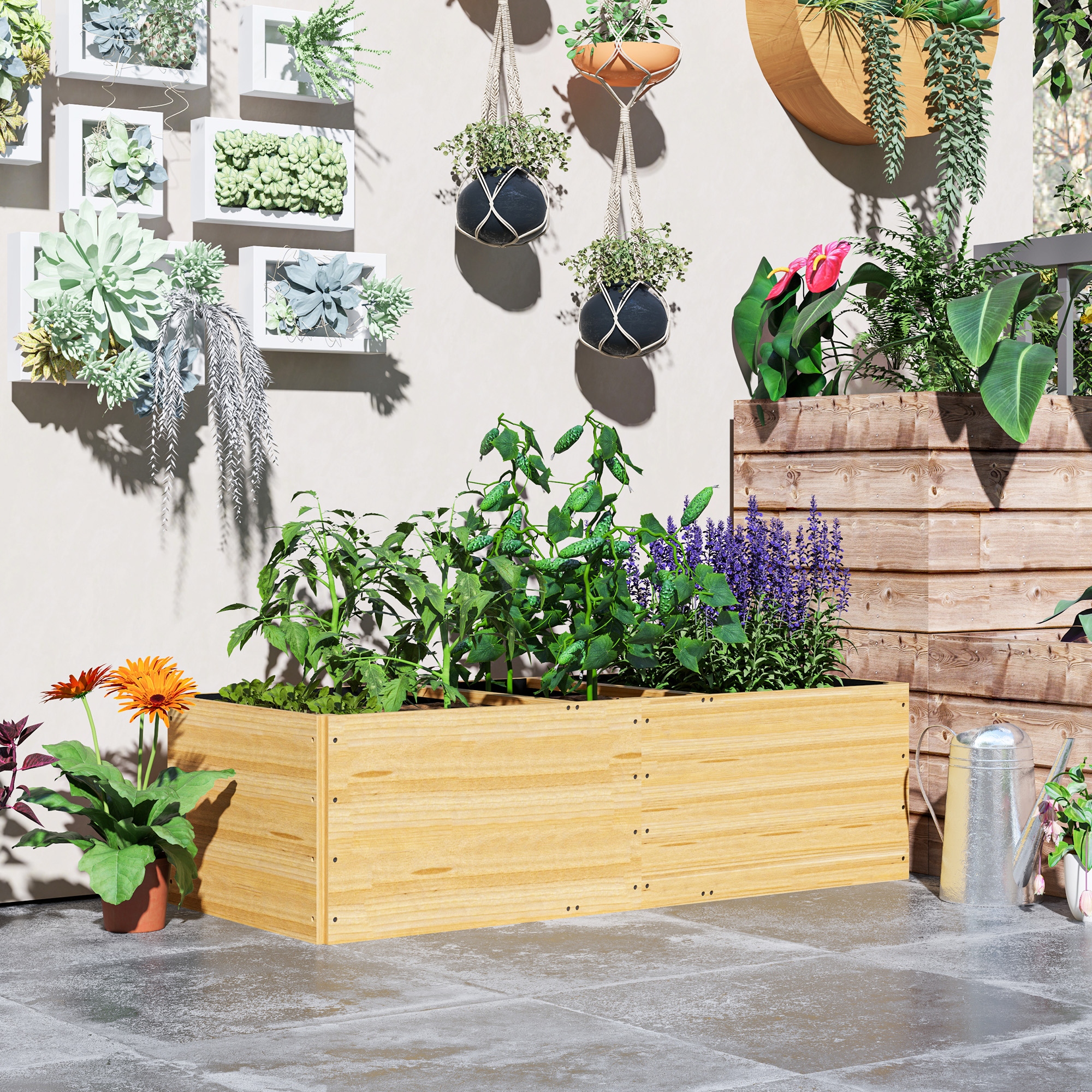 Umgebener, Tiefer Gartenbereich Mit 3 Anbauzonen Und Schutzabdeckungen, 140 X 60 X 40 Cm, Naturholz