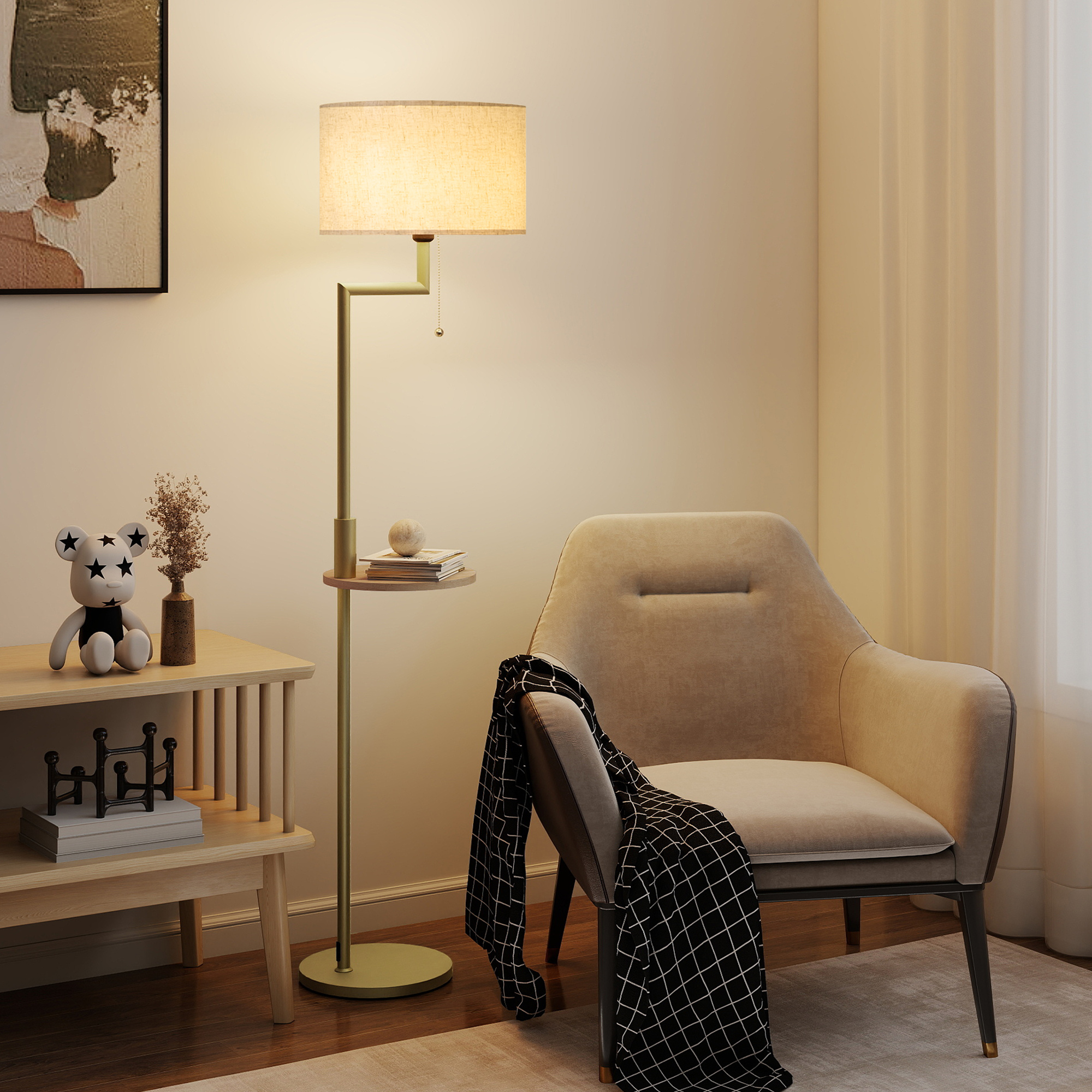 Moderne Stehlampe Mit Ablage, Leinenschirm, Kettenschalter Und Usb-anschluss, Ø 40 X 170 Cm, Für Das Wohnzimmer, Gold