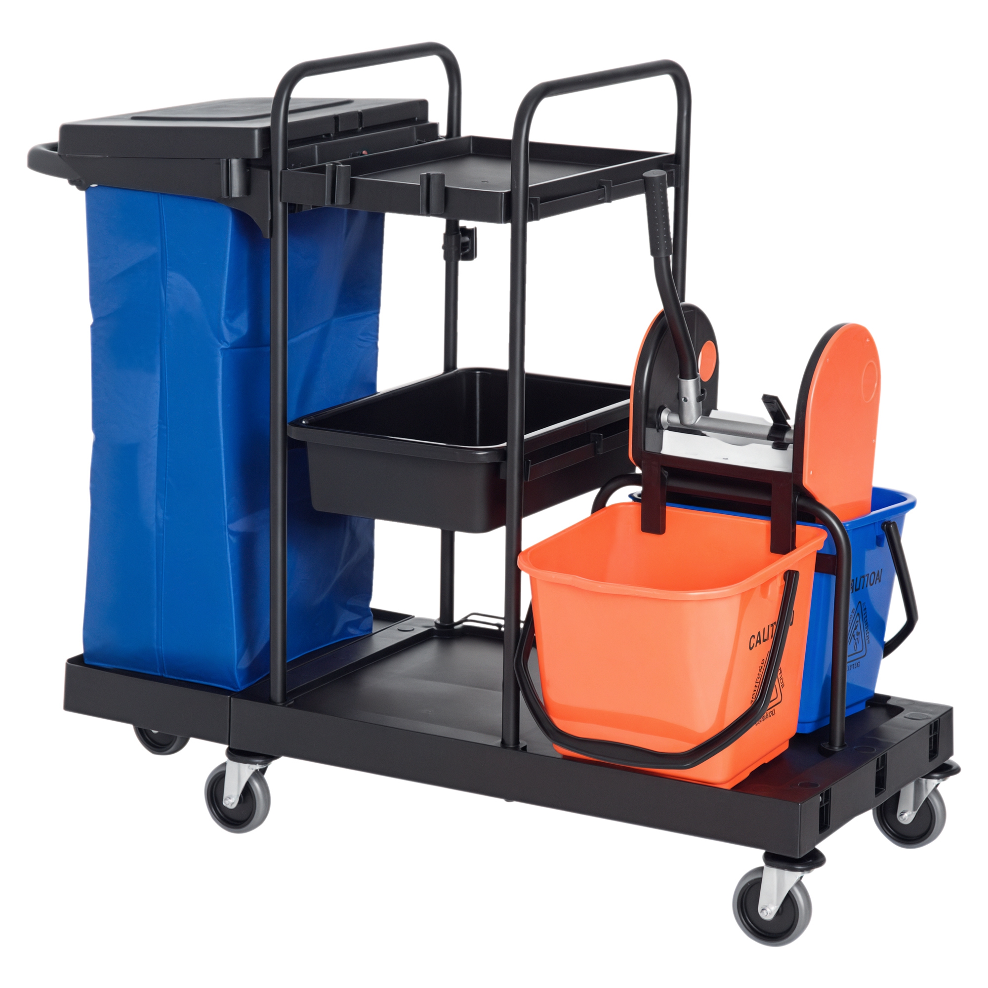 Professioneller 3-stöckiger Reinigungswagen Mit Müllbeutel, Besenhaken, Wischmoppeimer Mit Auswringer Und 5 Rädern, Für Hotels Und Hostels, 111 X 63,3 X 103 Cm, Schwarz