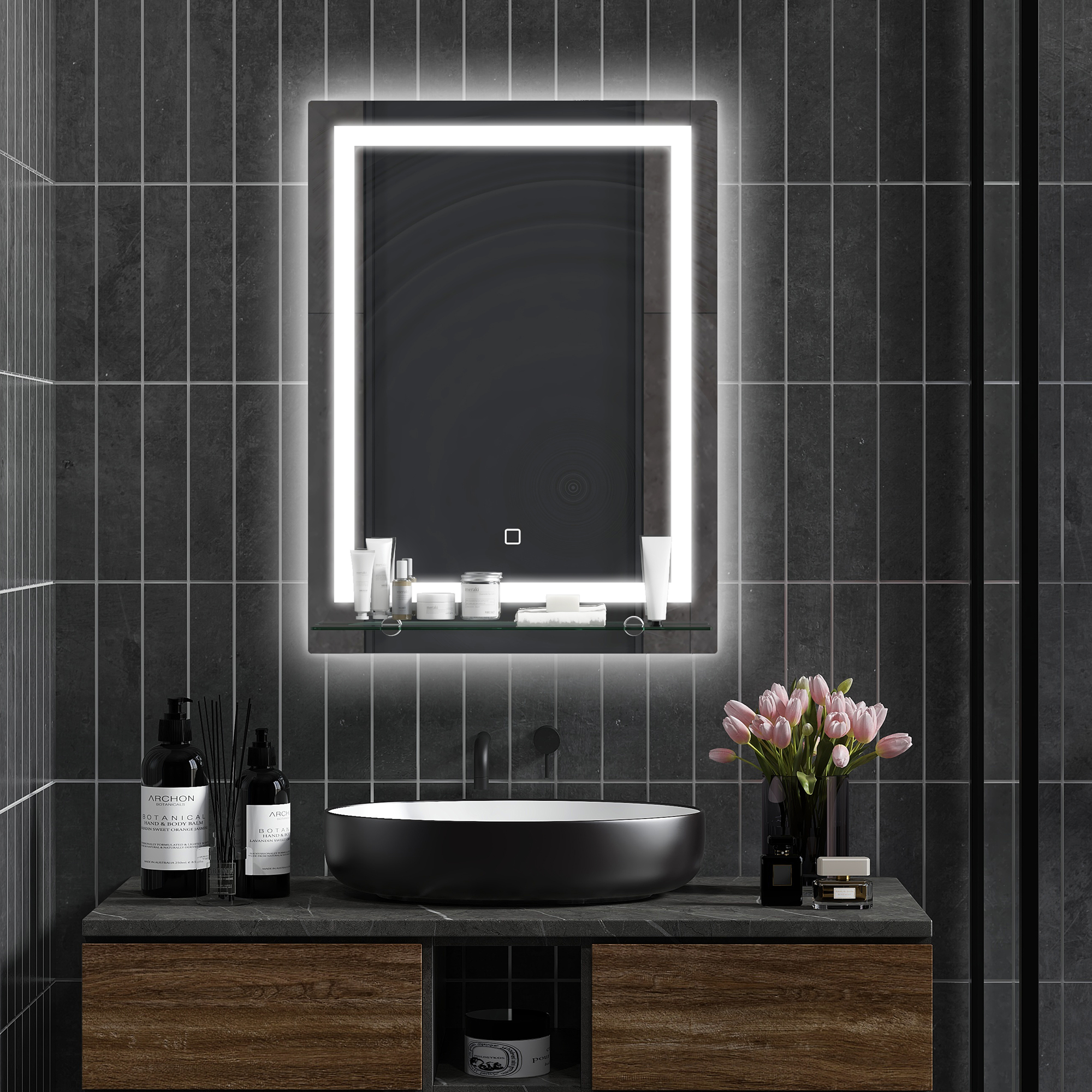 3-farbig Verstellbarer Led-badezimmerspiegel Mit Glasablage, Beleuchteter Spiegel Mit Memory-funktion Aus Aluminium Und Gehärtetem Glas, 50 X 12 X 70 Cm, Schutzart Ip44, Silber