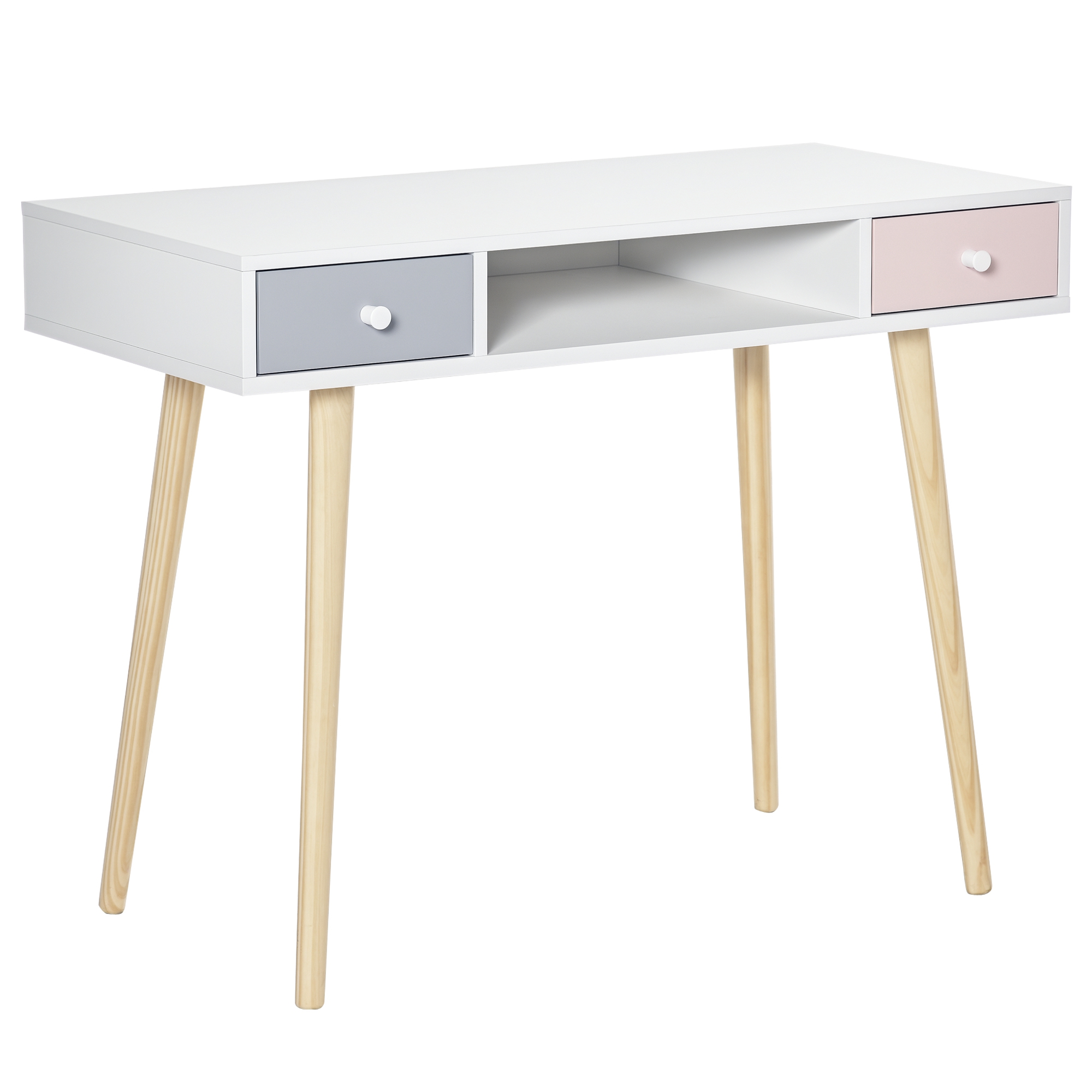 Skandinavischer Kinderschreibtisch Mit Schublade Und Ablagefach, 100 X 48 X 76,5 Cm (l X B X H), Mdf Und Kiefernholz, Weiß, Grau Und Rosa