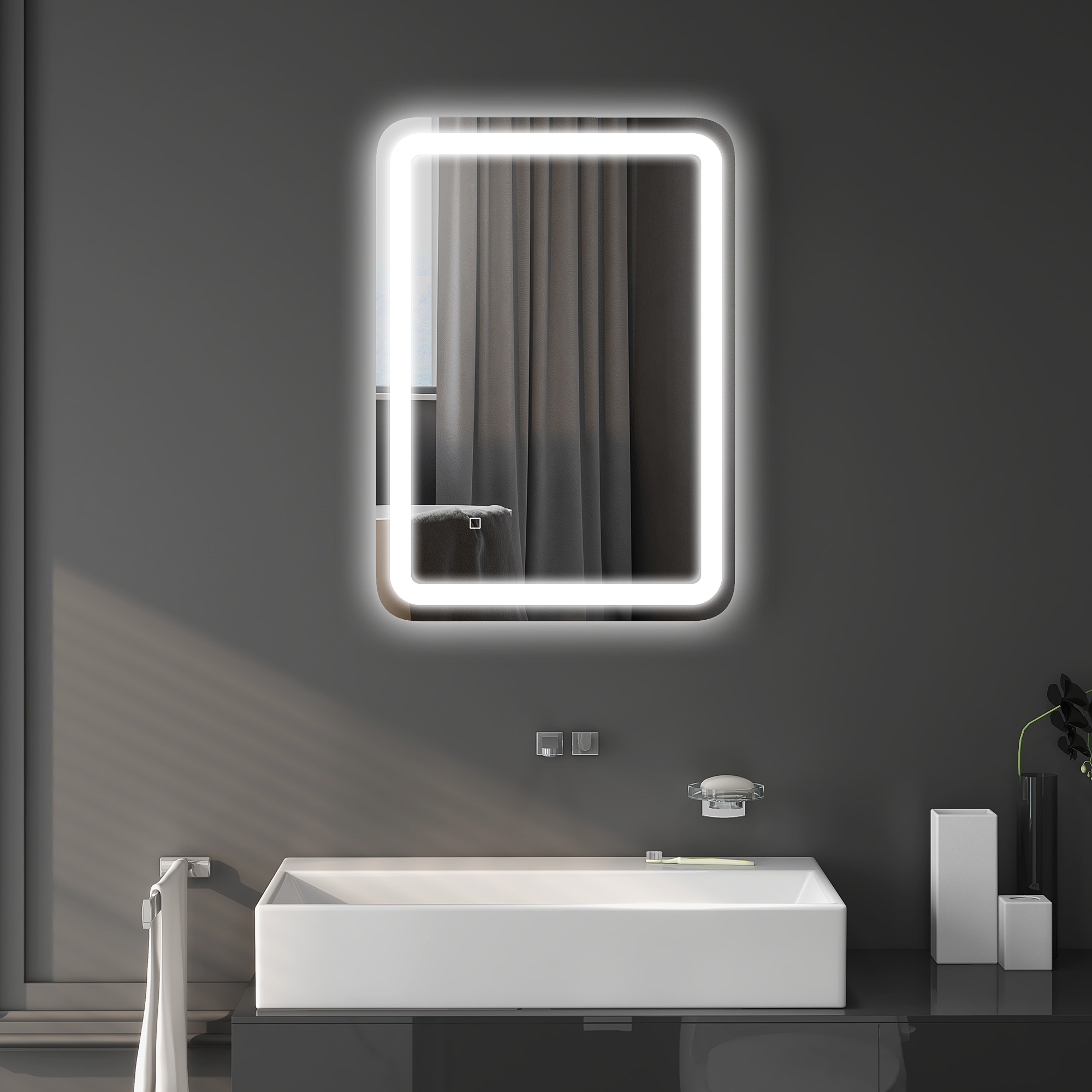 Badezimmerspiegel Mit Led-beleuchtung, 70 X 50 Cm Wandspiegel Mit 3 Dimmbaren Farben, Memory-funktion, Antibeschlagbeschichtung, Touch-schaltern, Gehärtetem Glas, Schutzart Ip44, Horizontal/vertikal
