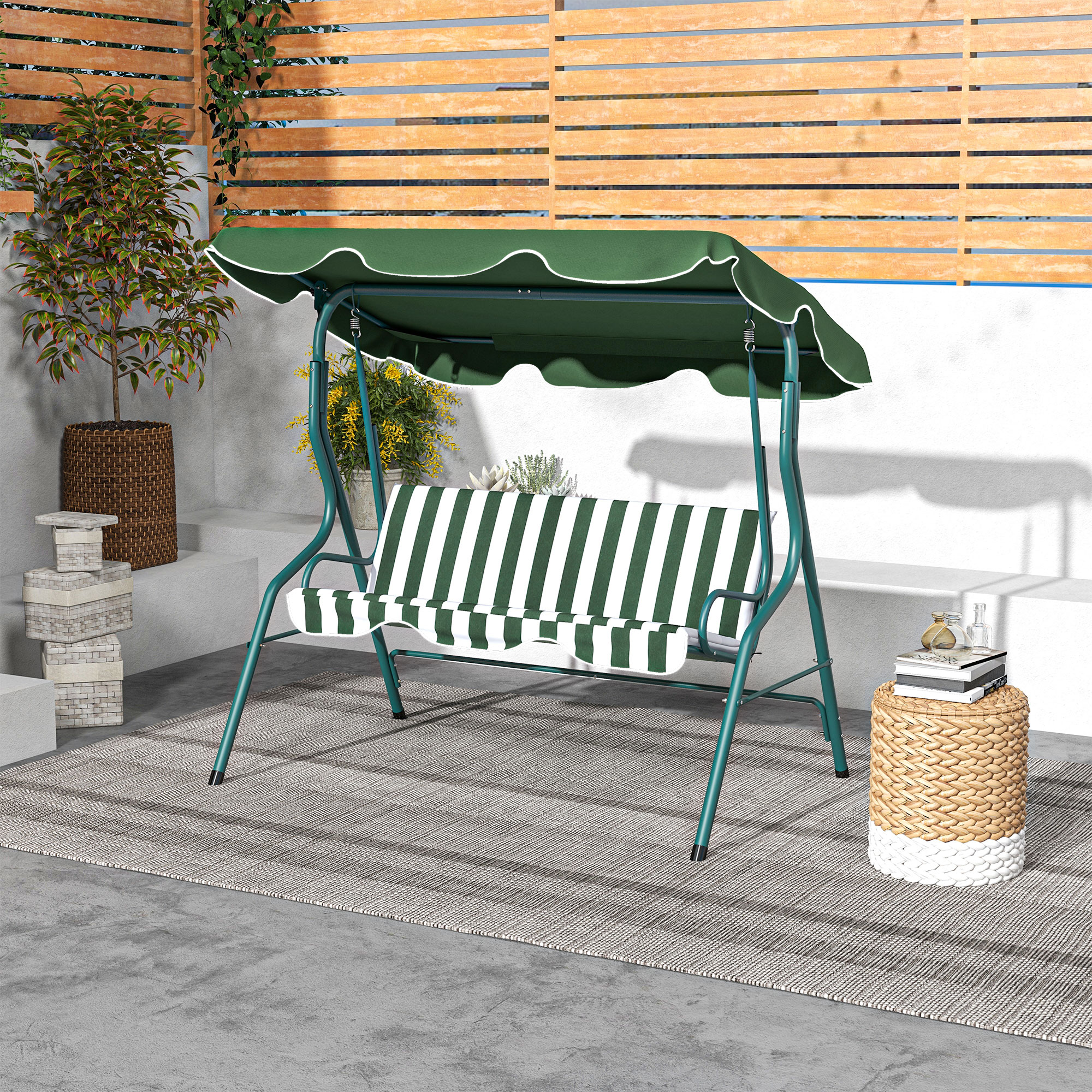 Dreisitzer-gartenschaukel Mit Verstellbarem Sonnendach Und Gepolsterten Kissen, Stahl Und Polyester, 170 X 110 X 153 Cm, Grün Und Weiß