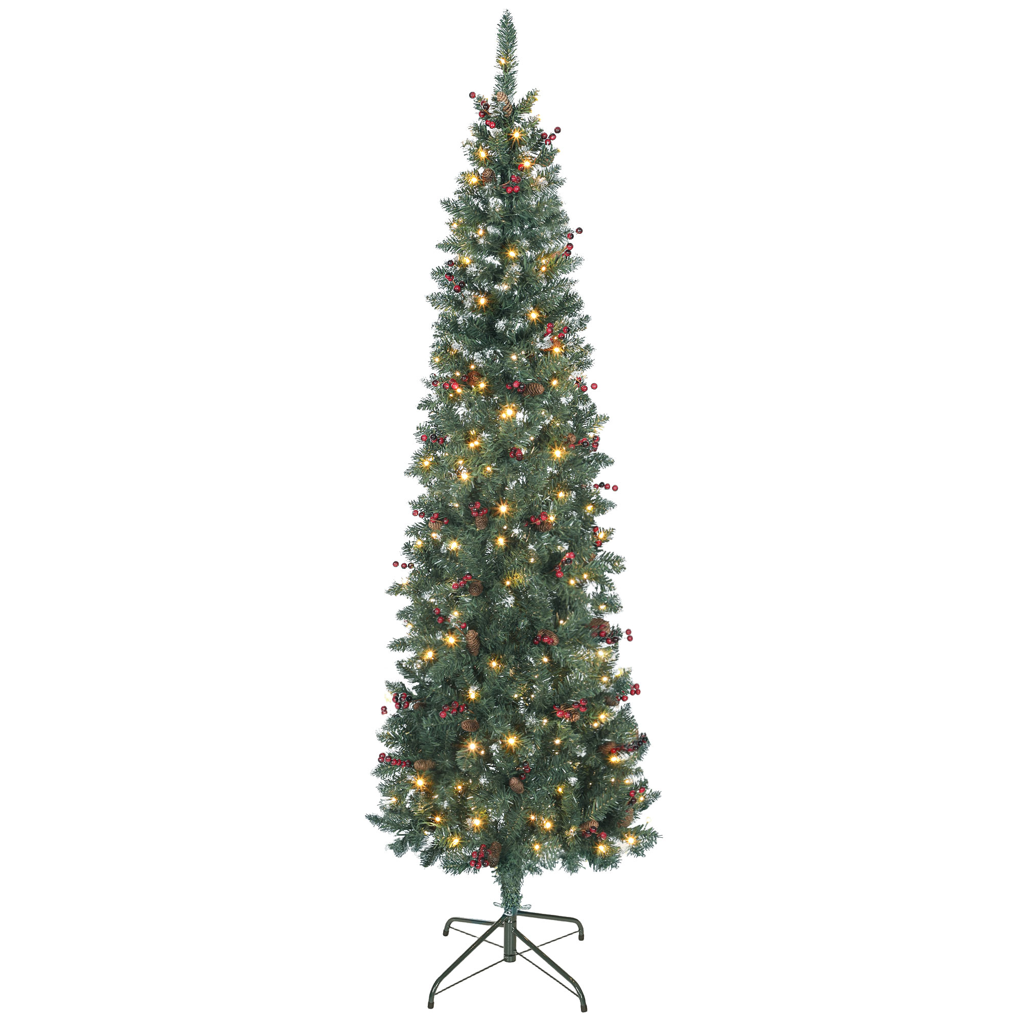210 Cm Schmaler Weihnachtsbaum Mit Led-beleuchtung, 8 Beleuchtungsmodi, Silberglitzernden Zweigen, Tannenzapfen Und Grünen Beeren