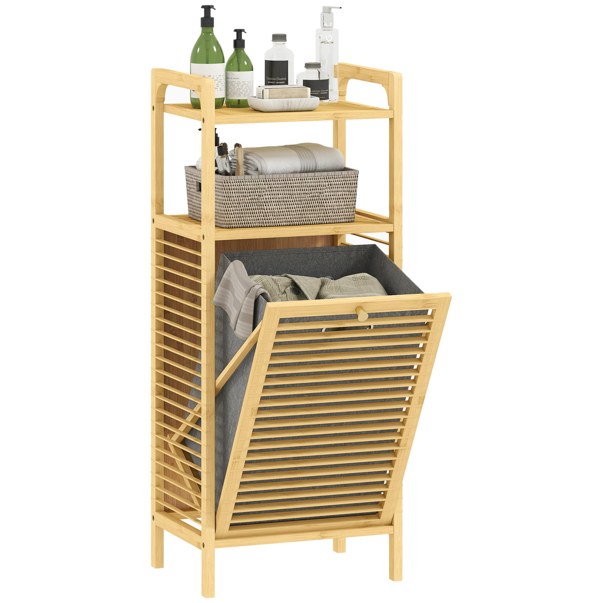Schmaler Bambus-badezimmerschrank Mit 2 Offenen Regalböden, Herausnehmbarem Korb Und Lattenrost, 40 X 30 X 95 Cm, Natur