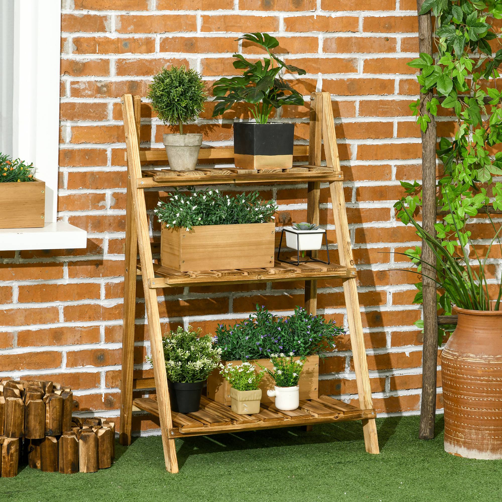 Dreistöckiges Pflanzenregal Aus Holz, Faltbar, Blumentopfhalter, 60 X 37 X 93 Cm, Natur