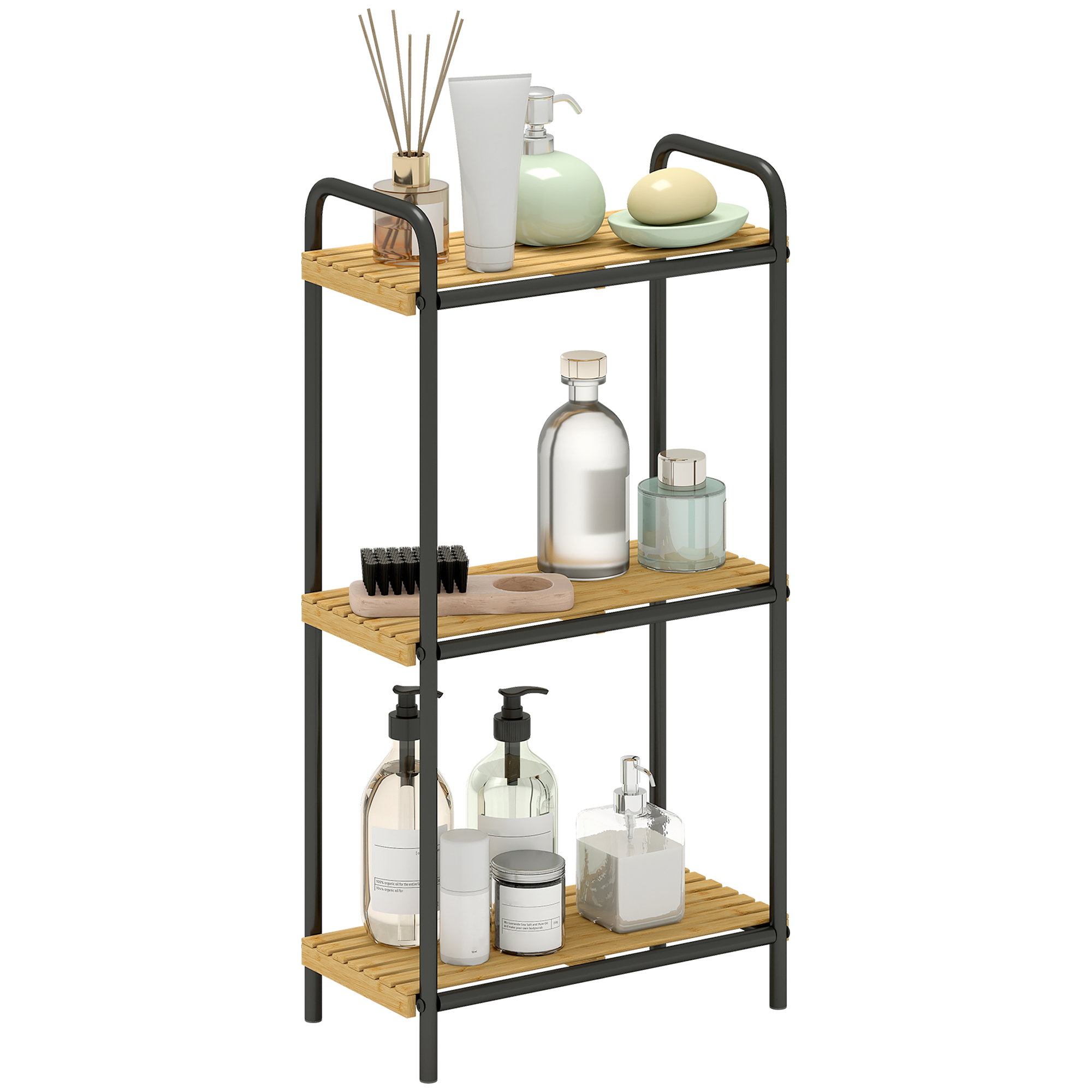 Badezimmerregal Aus Bambus Mit 3 Offenen Ablagen, Lattenrost Und Stahlrahmen, 41,5 X 21,5 X 77,5 Cm, Natur