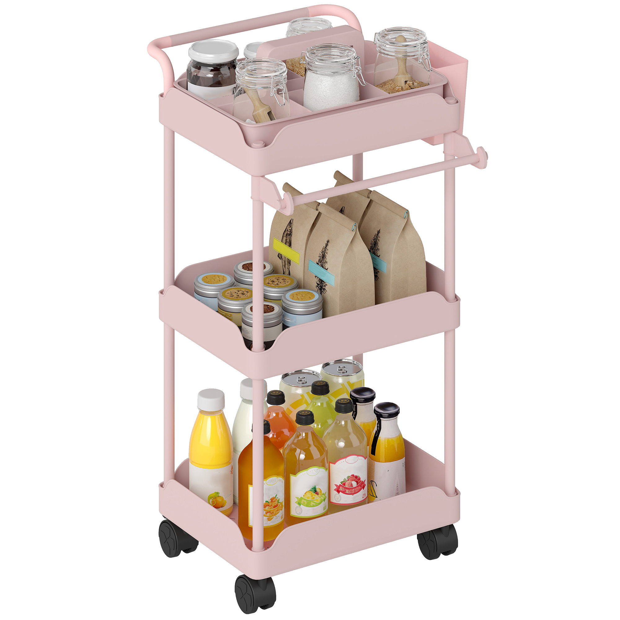 Dreistöckiger Rollwagen, Küchenwagen Mit Herausnehmbaren Körben Und Handtuchhalter, Rosa