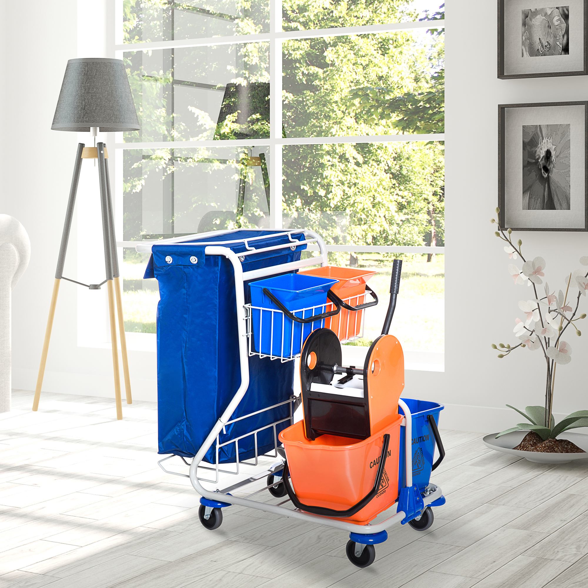 Professioneller Reinigungswagen Mit Müllsack, 2 Wischmoppeimern (18 L), 2 Aufbewahrungseimern (6 L), Wischmoppauswringer, Haken Und Rollen Für Hotels Und Pensionen, 93 X 80 X 97 Cm, Orange