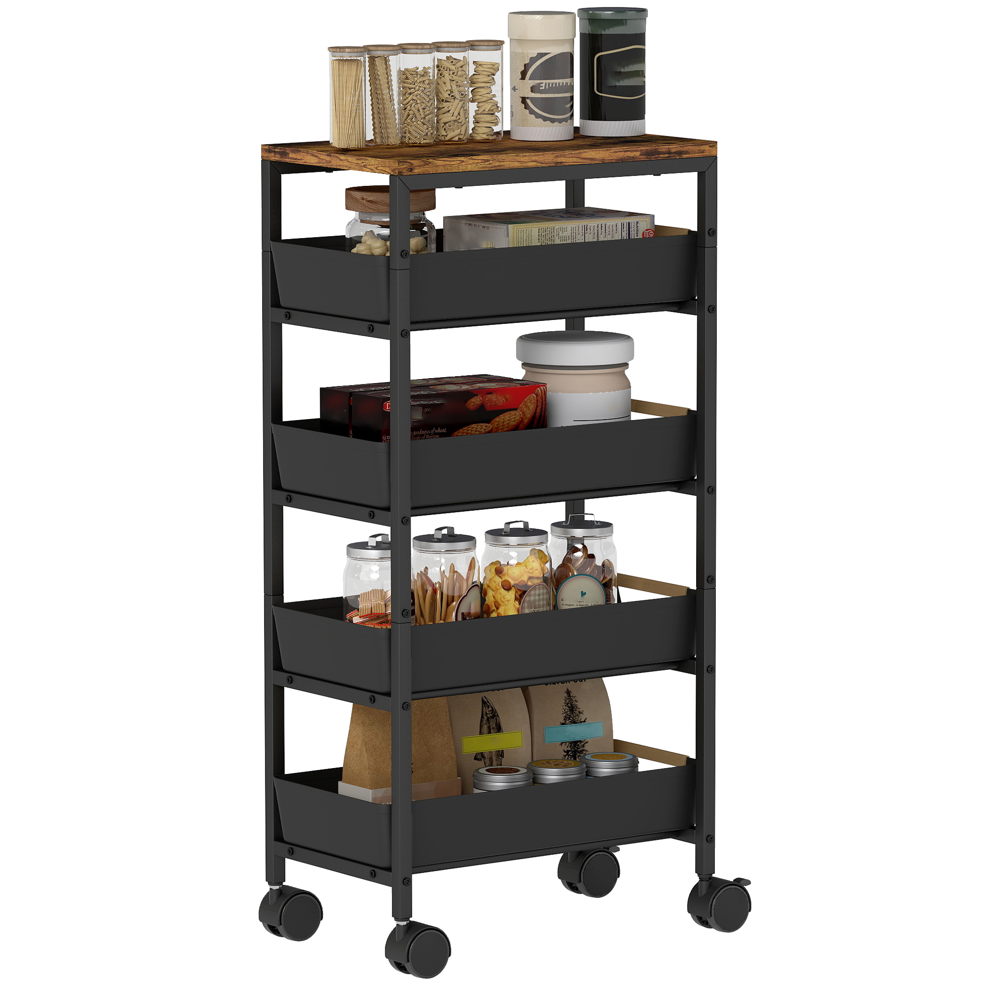 5-stöckiger Küchenwagen, Beistellwagen Mit Rollen, Tischplatte In Holzoptik, Auszugsschubladen, 39,5 X 24 X 82 Cm, Schwarz