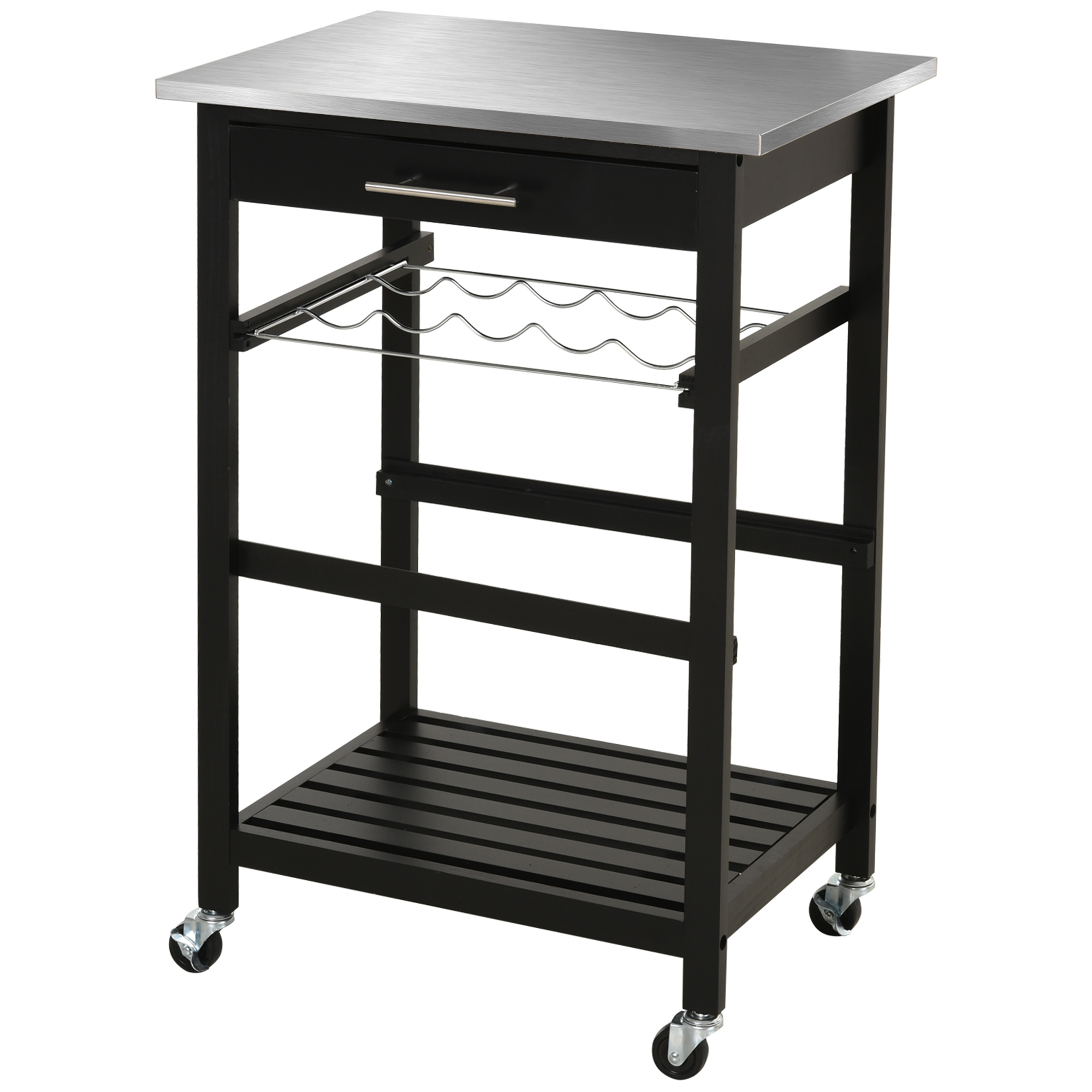 Servierwagen, Küchenwagen, Rolltisch Mit Flaschenablage, 60 X 40 X 85 Cm (l X B X H), Edelstahlplatte. Schwarz.