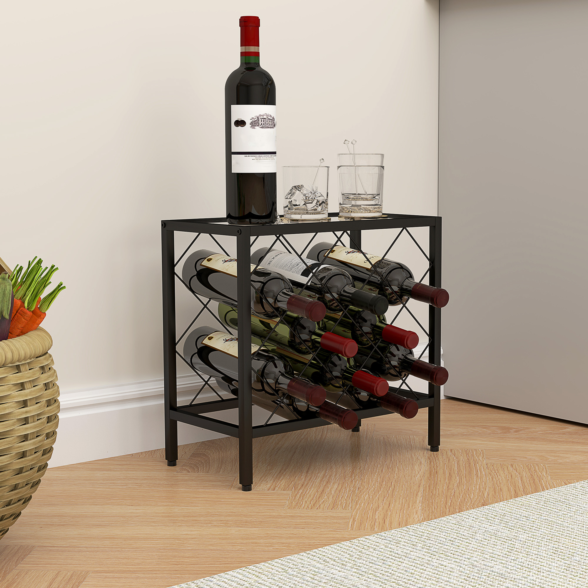 Weinflaschenhalter Für 10 Flaschen Mit Deckel Aus Gehärtetem Glas, Weinregal Aus Stahl, Für Küche, Speisekammer, Weinkeller Und Bar, 41 X 22 X 41 Cm, Schwarz