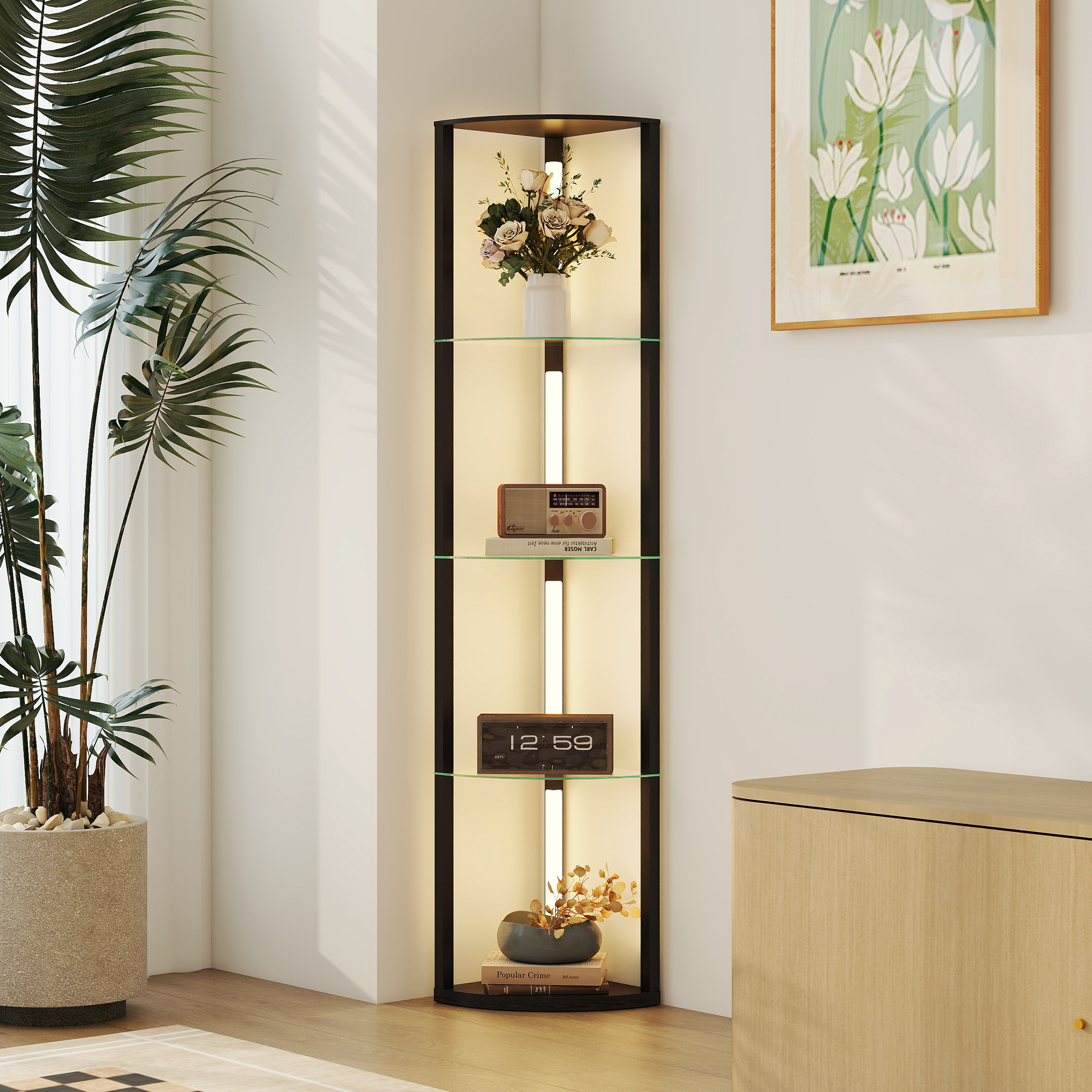 Stehlampe Mit Glasablagen Und Led-beleuchtung, 3 Helligkeitsstufen Und Fußschalter, Für Wohnzimmer Und Lounge, Schwarz