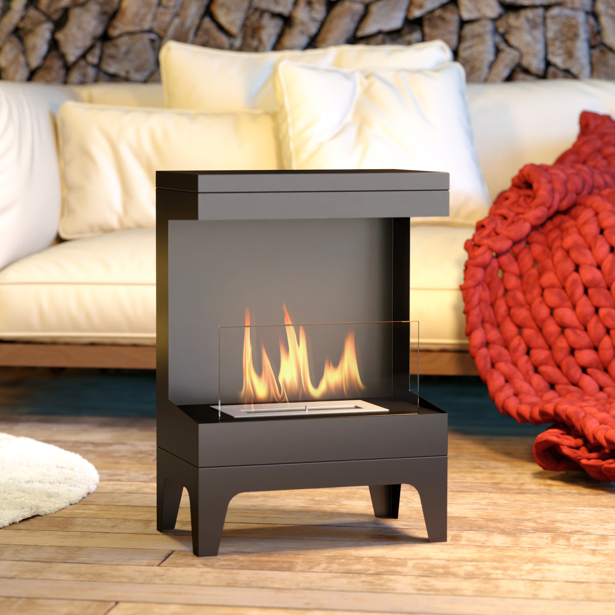 Freistehender Bioethanol-kamin Mit 0,9-liter-brenner Für 3,3 Stunden Brenndauer, Stahl- Und Glaskonstruktion, 50,8 Cm Abdeckung, 38 X 22 X 54 Cm, Schwarz