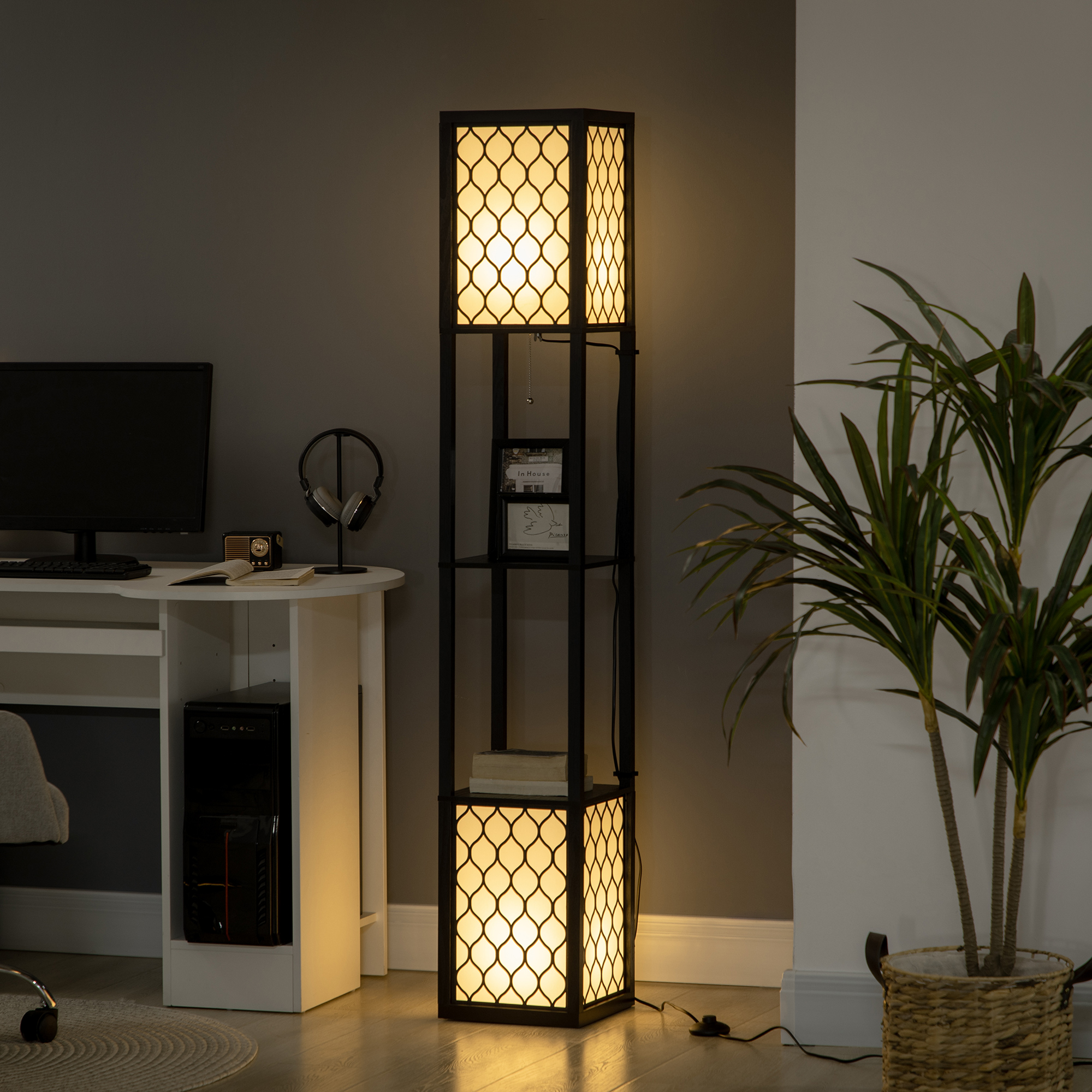 Homcom Stehlampe Aus Holz Mit Ablagen Und Zugschalter Für Wohn- Und Schlafzimmer, 26 X 26 X 156 Cm, Schwarz-weiß