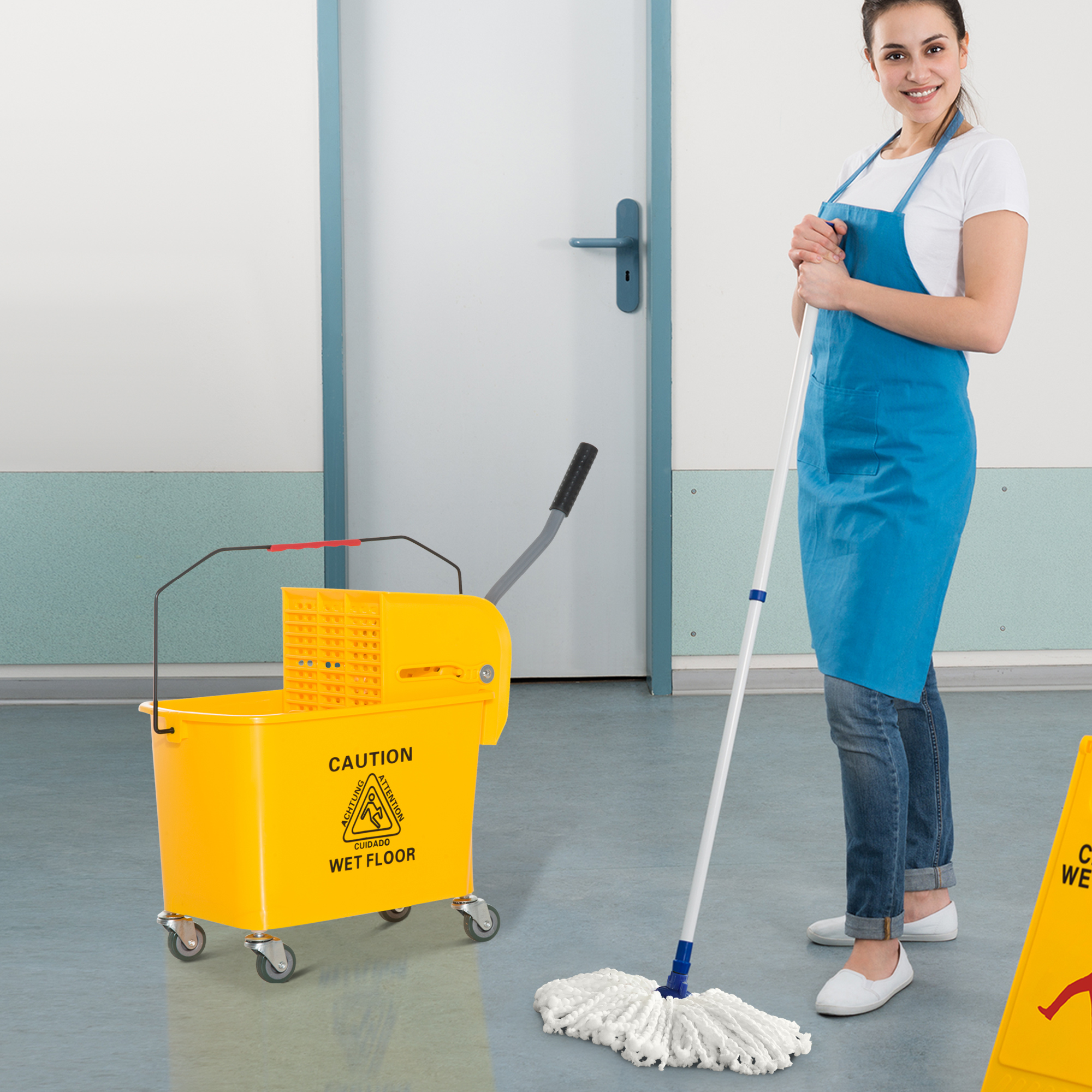 Professioneller Reinigungswagen (20 L) Mit Wischmoppeimer, Auswringer, Trennwand, Griff Und 4 Kunststoffrädern, 60 X 27 X 70,5 Cm, Gelb
