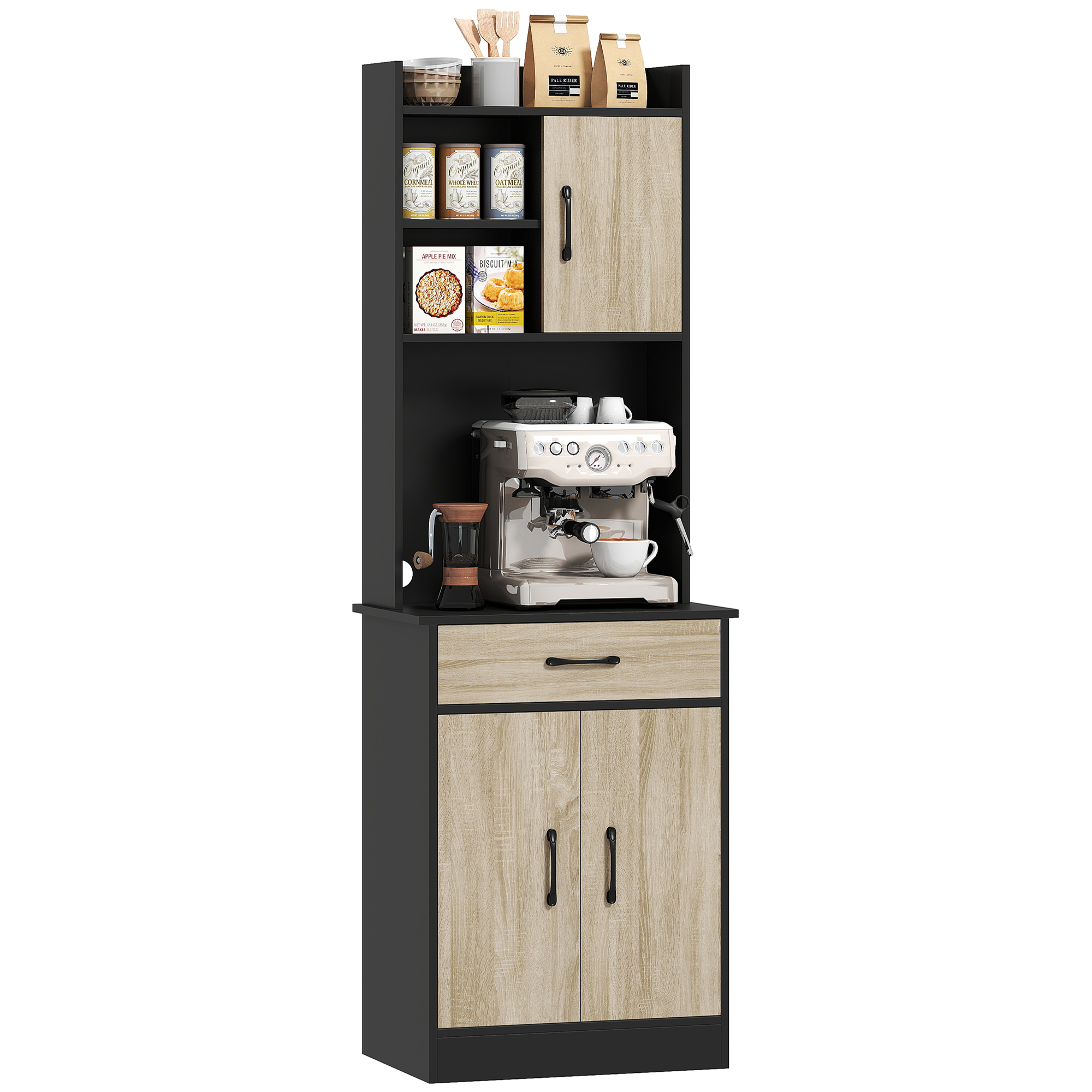 Hohes Küchen-sideboard, Küchenschrank, Schublade, 3 Türen, Offene Regale, Arbeitsplatte, 60 X 40 X 180 Cm, Naturholz