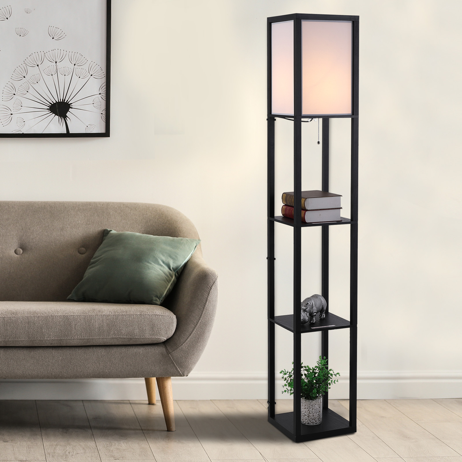 40-w-stehleuchte Mit 3 Integrierten Ablagen Und Fußschalter, Moderne Leuchte Aus Mdf Und Ps, 26 X 26 X 160 Cm, Schwarz Und Weiß