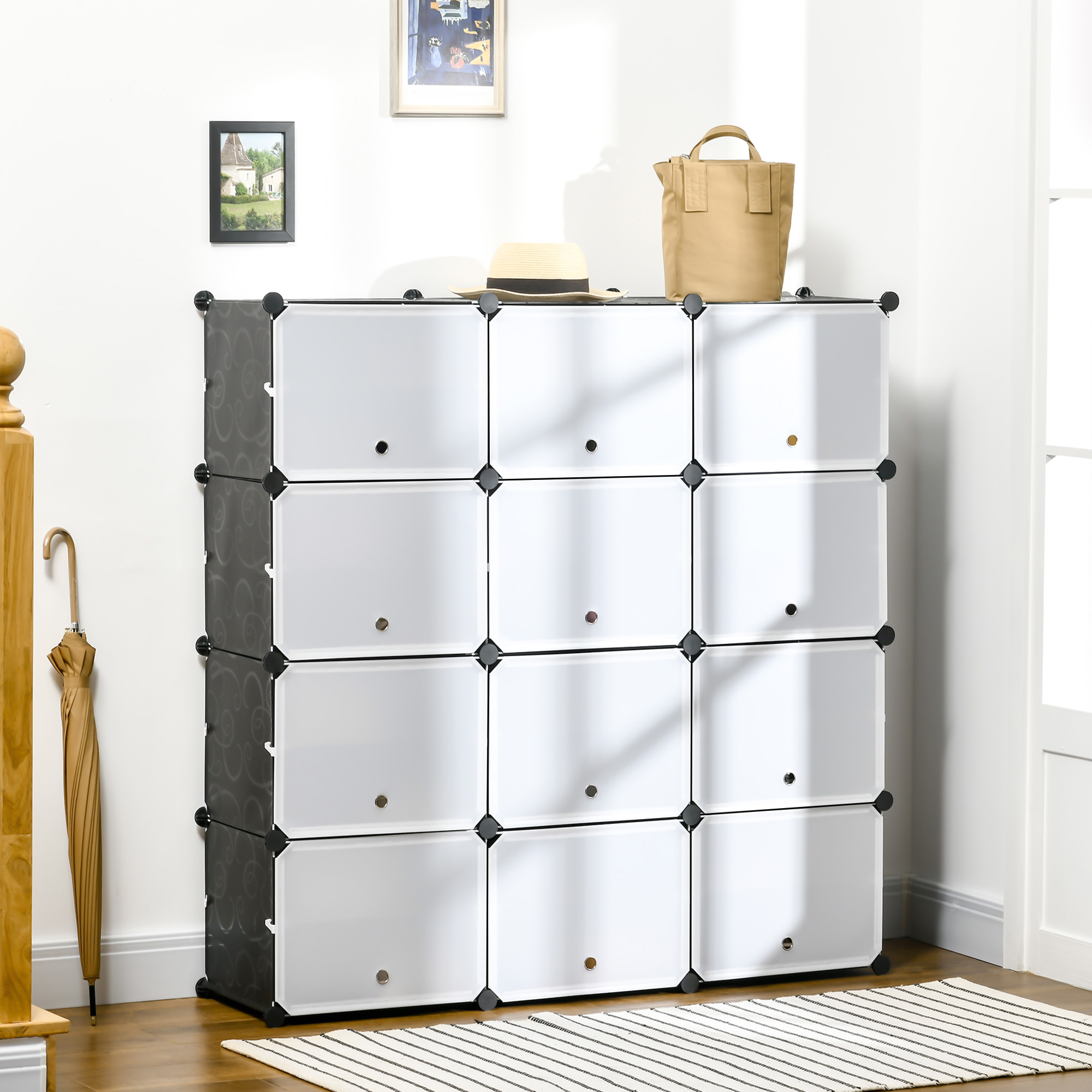 Homcom Modularer Kleiderschrank Aus Kunststoff, Tragbarer Kleiderschrank Mit 12 Fächern, Schuhaufbewahrung, 125 X 32 X 125 Cm, Schwarz Und Weiß