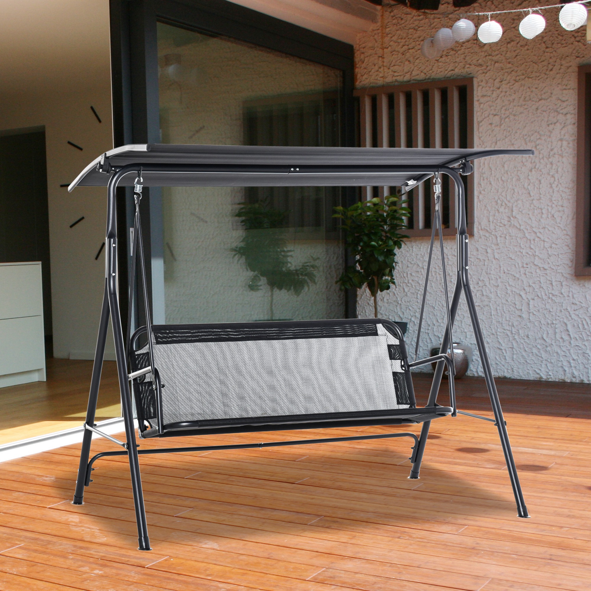 Outsunny 2-sitzer-gartenschaukelstuhl Mit Sonnenschutz, Verstellbarem Sonnendach, Für Terrasse, Balkon Und Außenbereich, Tragkraft 200 Kg, 172 X 110 X 155 Cm, Schwarz